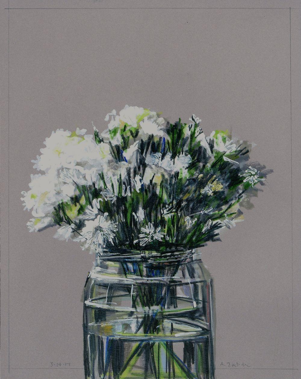 Abbie Zabar Still-Life Painting - LITTLE WHITE CHRYSANTHEMUMS, IN GLASS JAR, 3.14.17