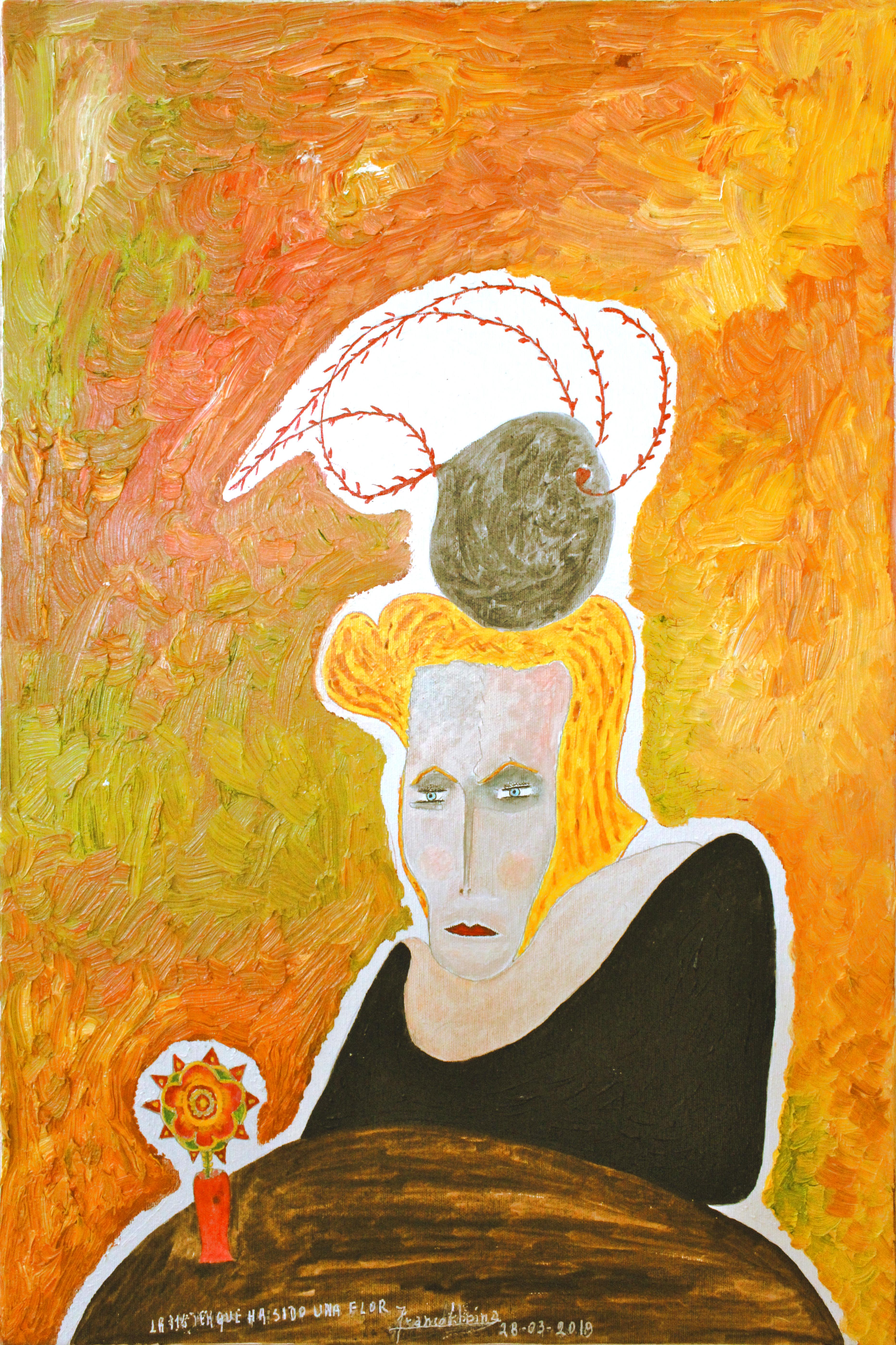 La mujer que ha sido una flor ('A Woman who has been a flower') - Orange Figurative Painting by Abbina Franco 