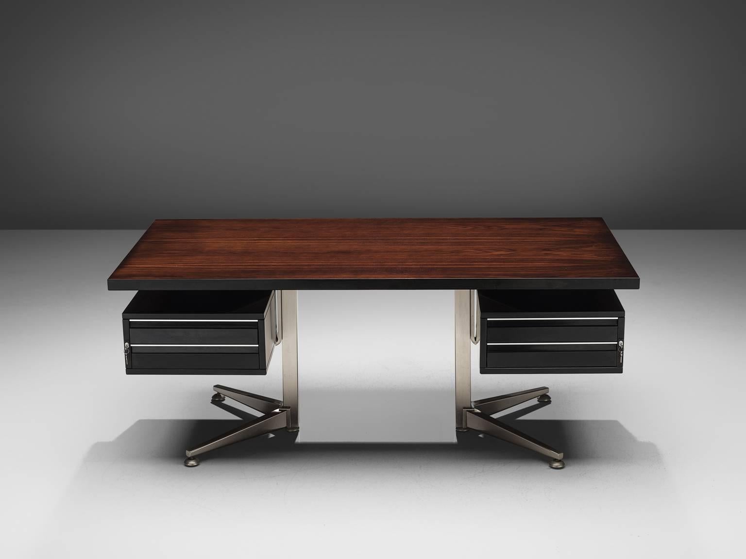 Abbondinterni, desk, rosewood and aluminium, Italy, 1960s.

Italian desk with a clean, rectangular top and a an aluminium frame. Both sides of the desks are equipped with drawers. The wood holds a deep ruby brown colour which forms a nice contrast