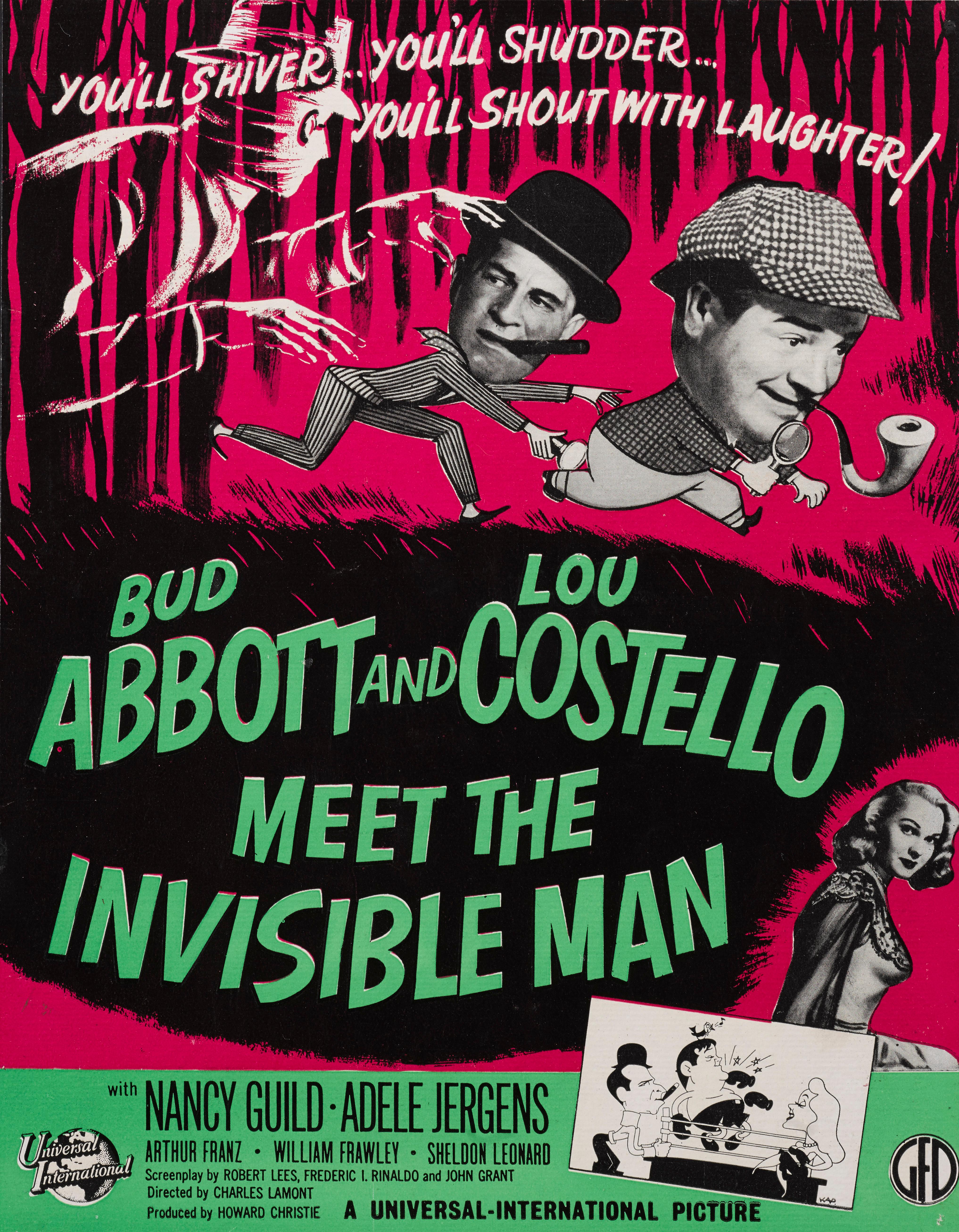 Original britische Handelswerbung für die Komödie von 1951, Horror Abbott und Costello treffen den Killer, Boris Karloff.
Regie führte Charles Lamont, die Hauptrollen spielten Bud Abbott und Lou Costello.
Das Stück ist mit Schutzpapier hinterlegt