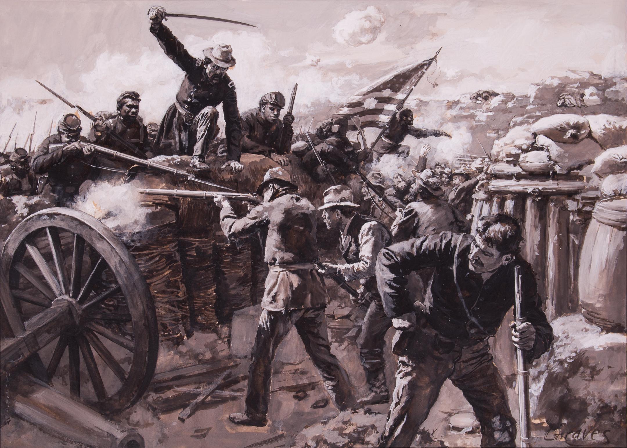 Abbott Fuller Graves Figurative Painting – Colonel Bates leitet die 30. Farbige Infanterie in der Schlacht am Krater