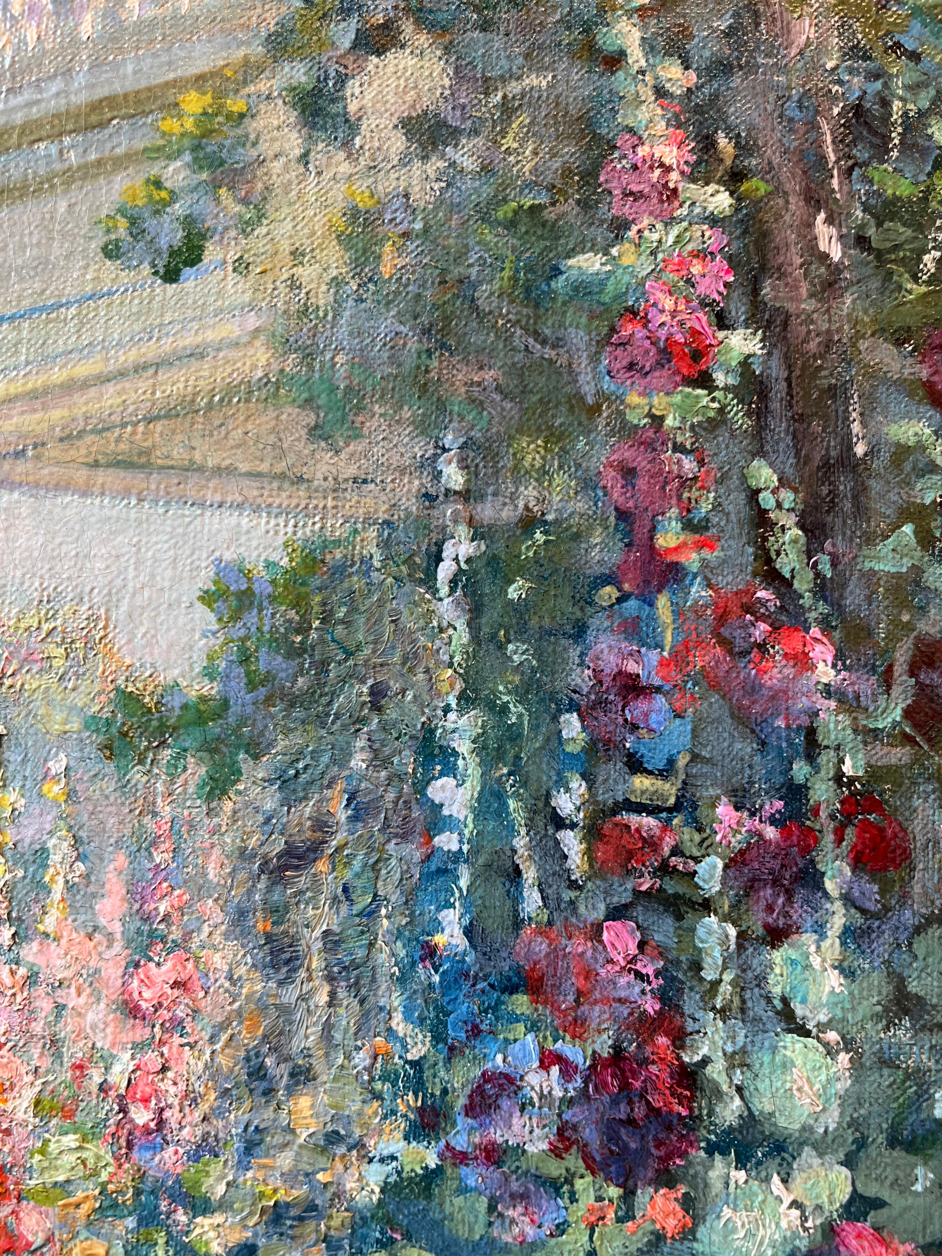 Questa rara scena di giardino impressionista americano, di qualità museale, è contenuta in un'eccezionale cornice dorata.  Le dimensioni indicate si riferiscono all'articolo nella sua dimensione totale.  La tela all'interno della cornice misura 20 x