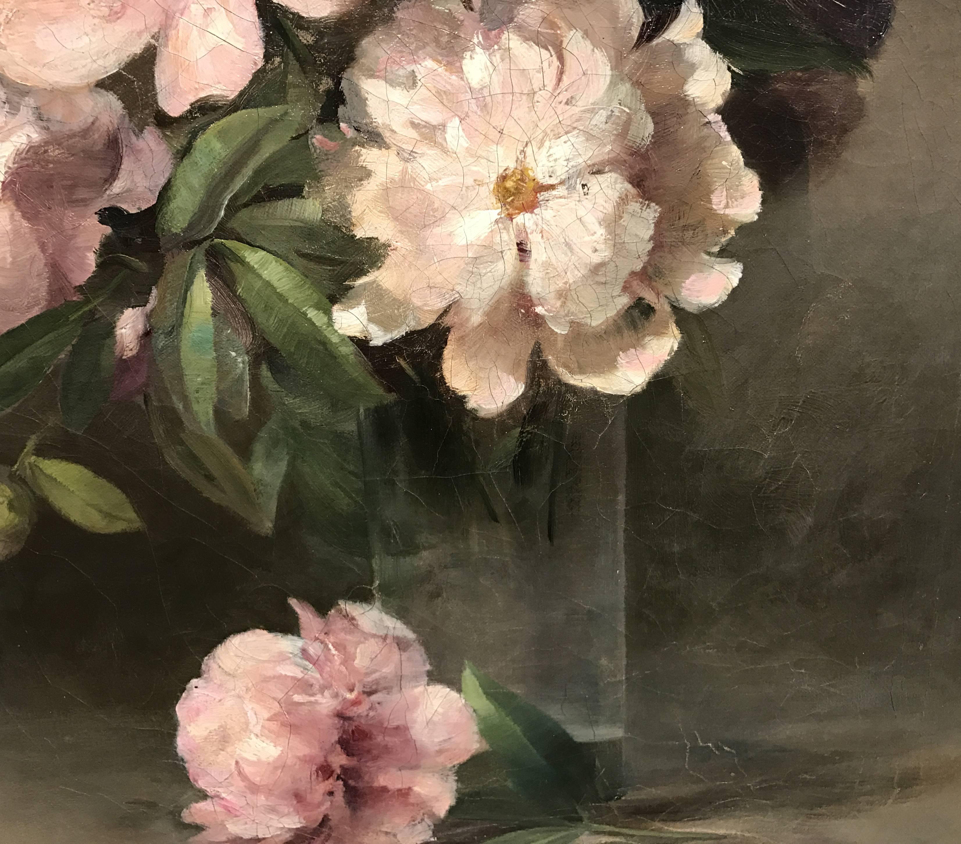 An exceptional oil painting still life of peonies by American artist Abbott Handerson Thayer (1849-1921). Thayer was born in Boston, Massachusetts and began his artistic training under amateur animal painter Henry D. Morse. He later studied at the