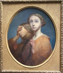 Two young girls, the crown of thorns: mystic symbolist religious painting 