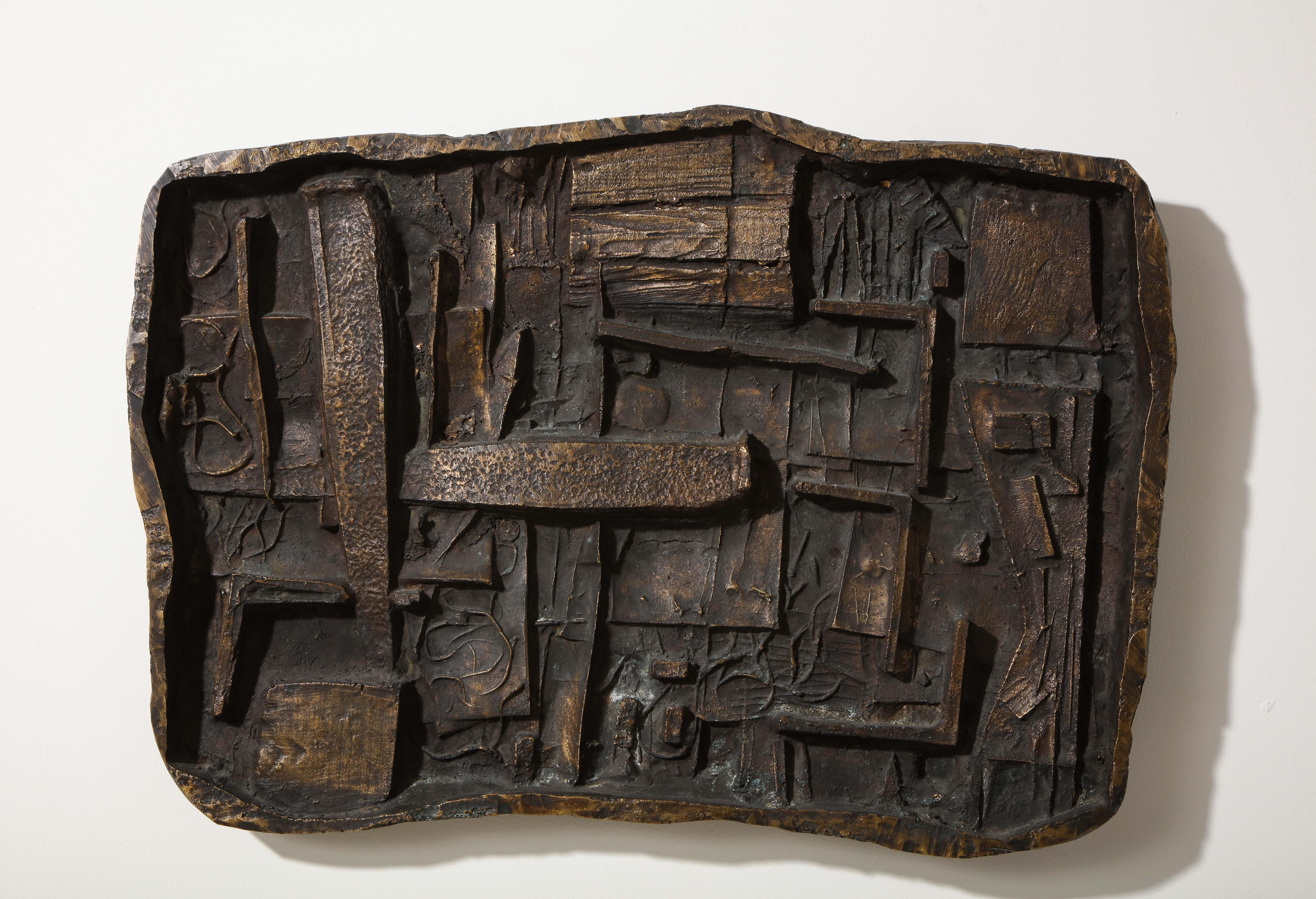 Unique abstract cast bronze wall sculpture by Chicago artist Abbott Pattison (1916-1999). After receiving his B.F.A. from Yale in 1939, and a stint in the Navy, Pattison returned to his native Chicago. From the 1950s through the 1970s, he traveled