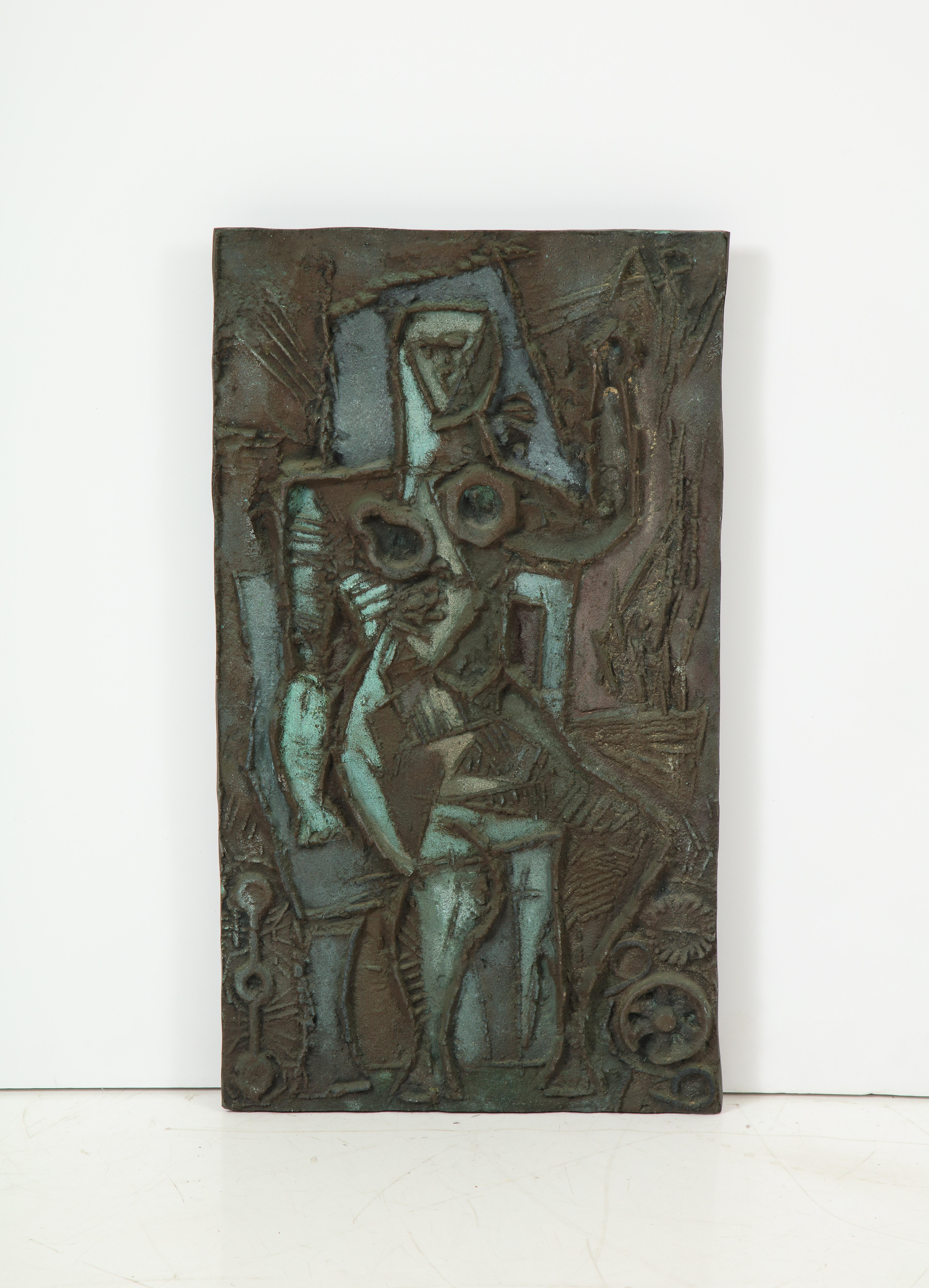 Abstract cast bronze wall relief with a figural motif by Chicago artist Abbott Pattison (1916-1999). After receiving his B.F.A. from Yale in 1939 and a stint in the Navy, Pattison returned to his native Chicago. From the 1950s through the 1970s, he