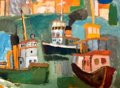 Tugboats in the Harbor, American Modernist Oil Painting Chicago Artist