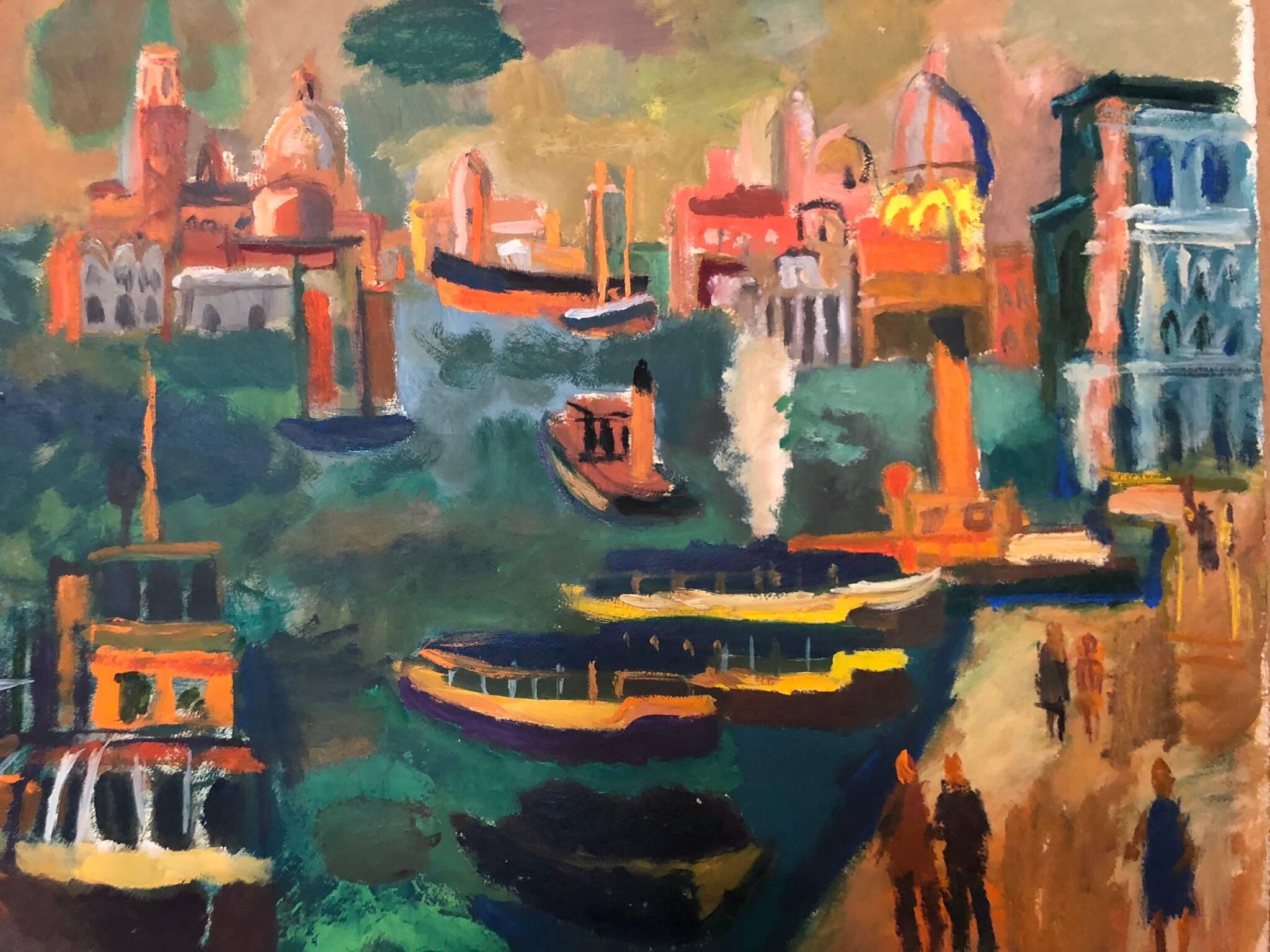 Venice, Italy Panorama American Modernist Oil Painting Chicago Artist. 2 Sided - Gray Figurative Painting by Abbott Pattison