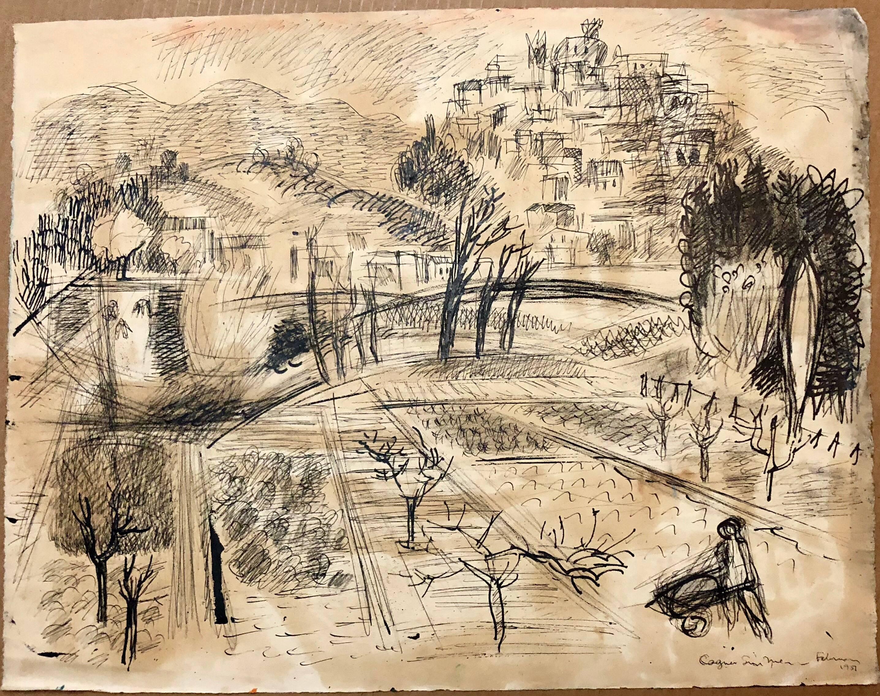 Oil on paper (possibly gouache) painting. unsigned. this is two sided with the back having a drawing titled Cagnes Sur Mer (France) and dated February 1957. 

Abbott Lawrence Pattison (May 15, 1916 – April 16, 1999) was an American sculptor and