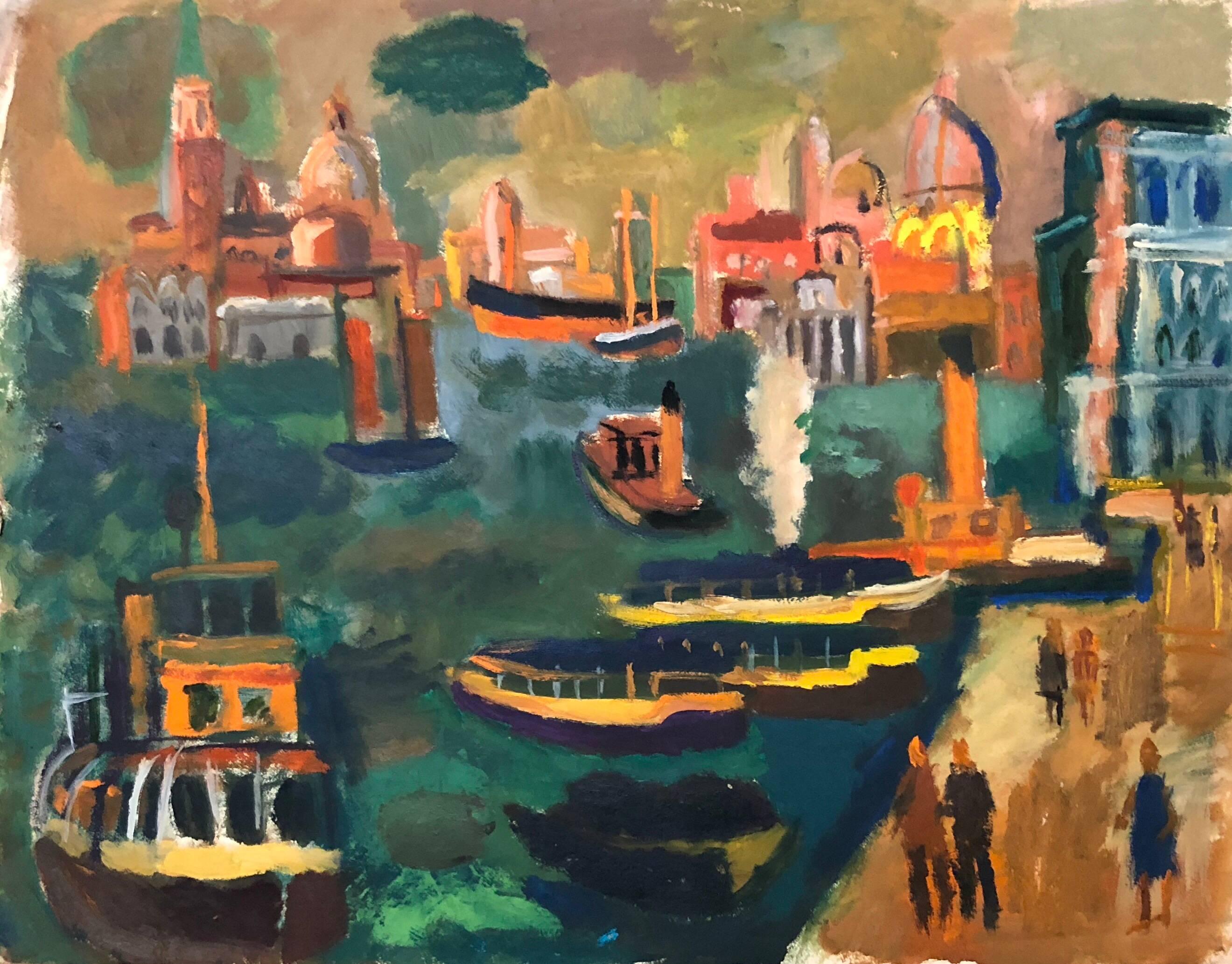 Abbott Pattison Figurative Painting - Venice, Italy Panorama American Modernist Oil Painting Chicago Artist. 2 Sided