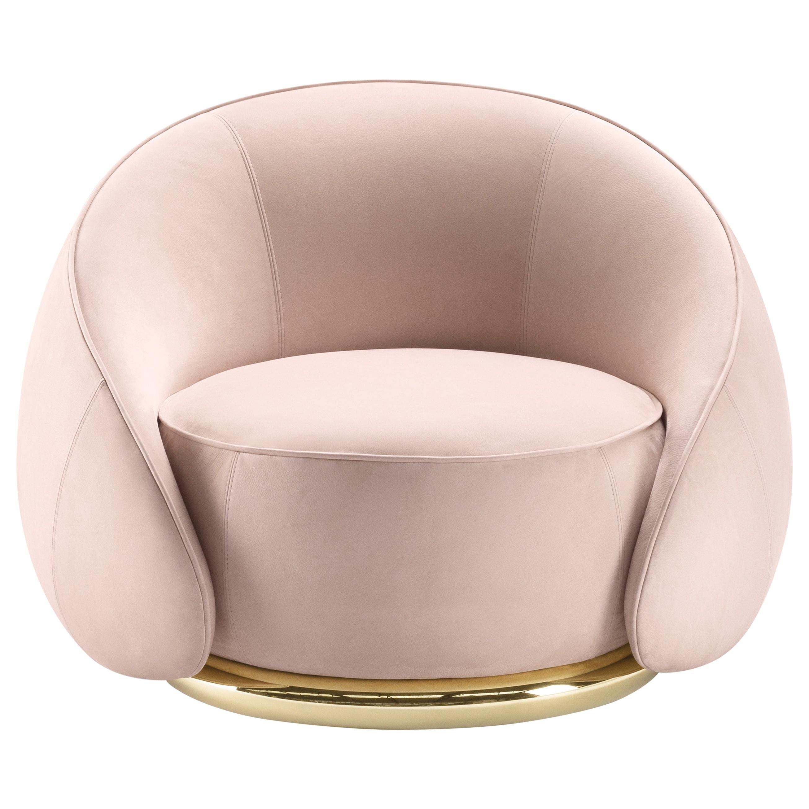 Abbracci Armchair in Cream Leather with Brown Burnished Brass Legs For Sale