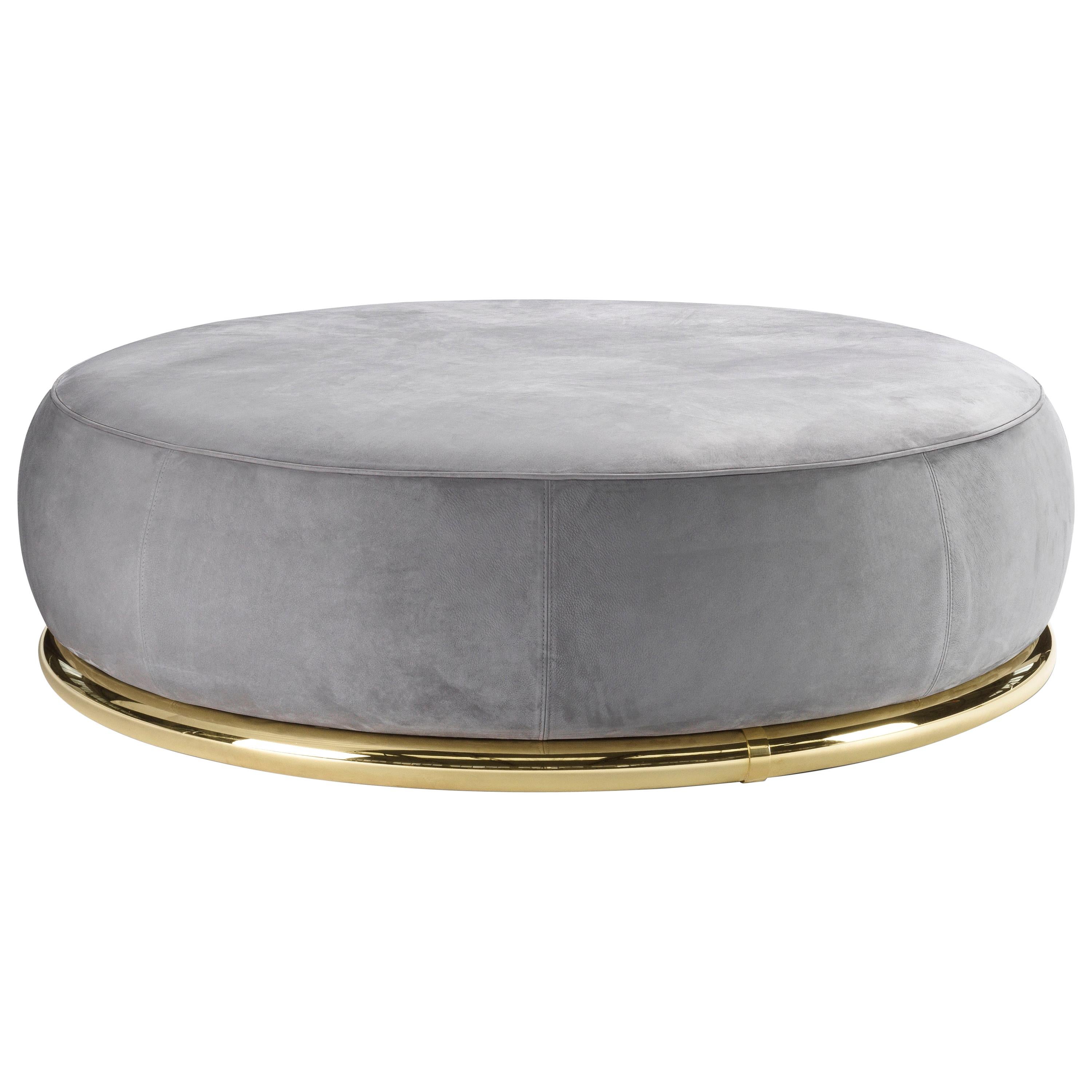 Abbracci Large Ottoman in Grey Leather with Polished Brass Legs