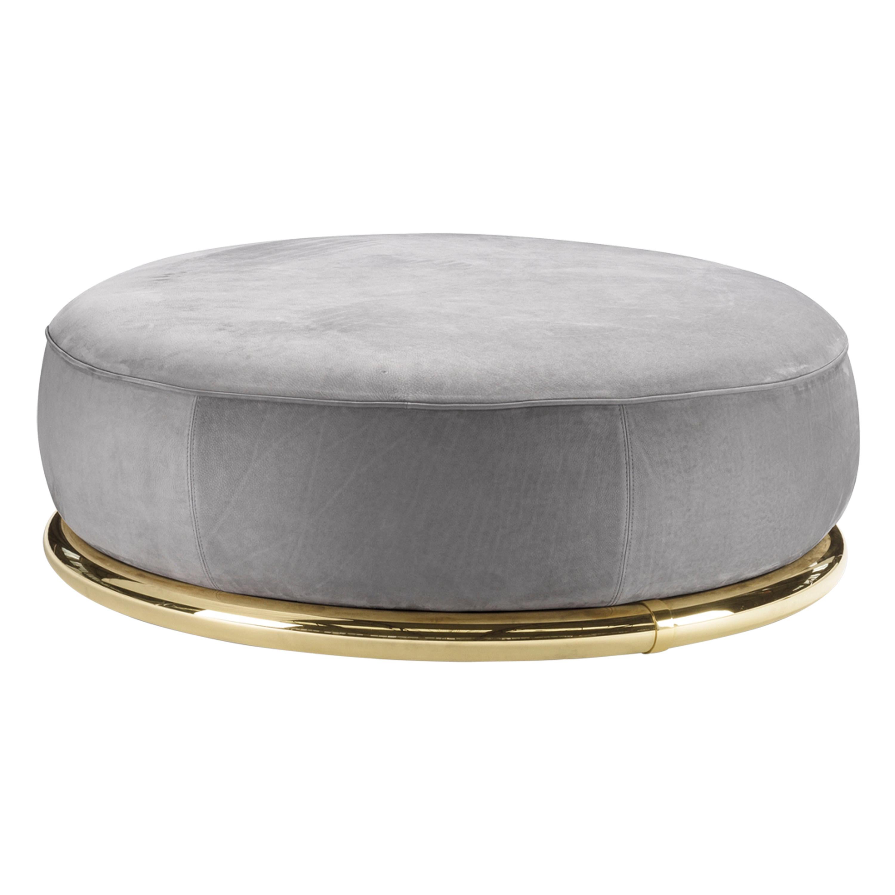 Abbracci Ottoman in Grey Leather with Polished Brass Legs For Sale
