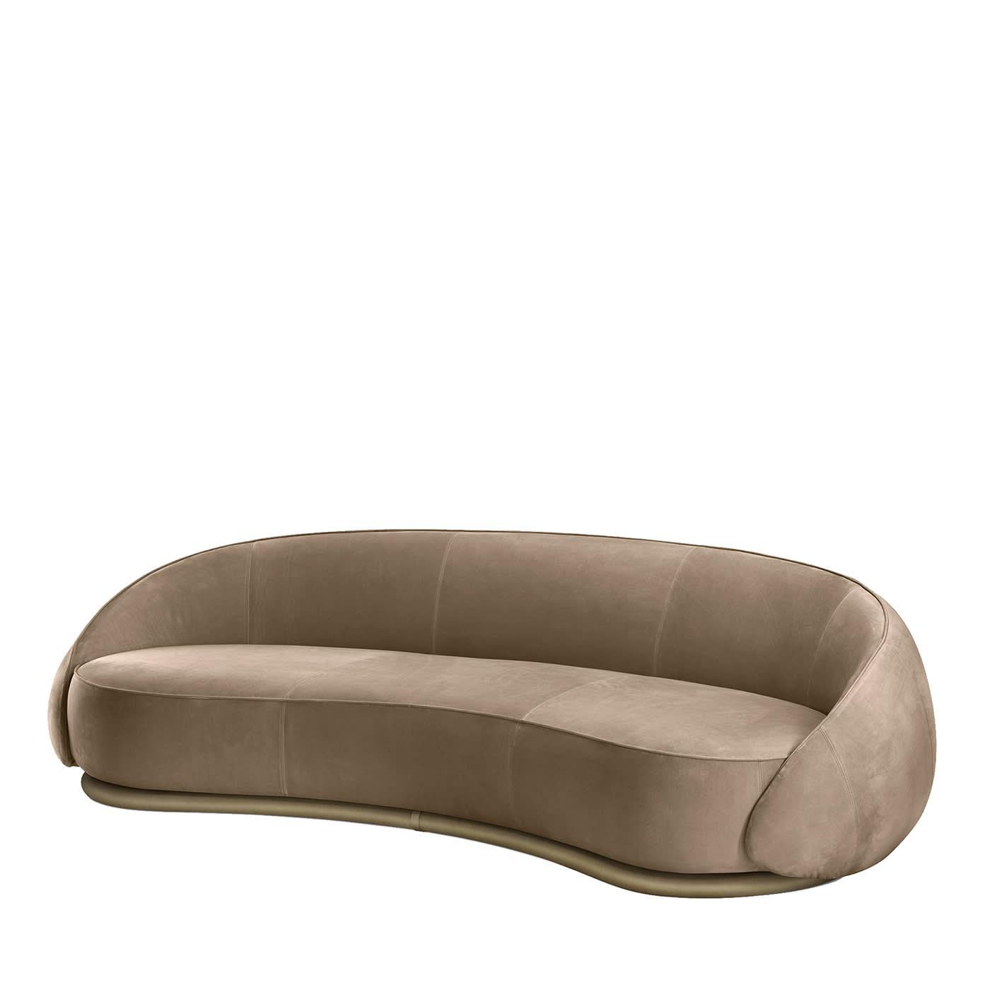 Enveloping lines and plump volumes synthesize the sculptural silhouette of this sofa, exclusive design inspired by hugs and hence named after the Italian for them. Prized, taupe-hued leather upholstery envelops the sinuous seat and embracing