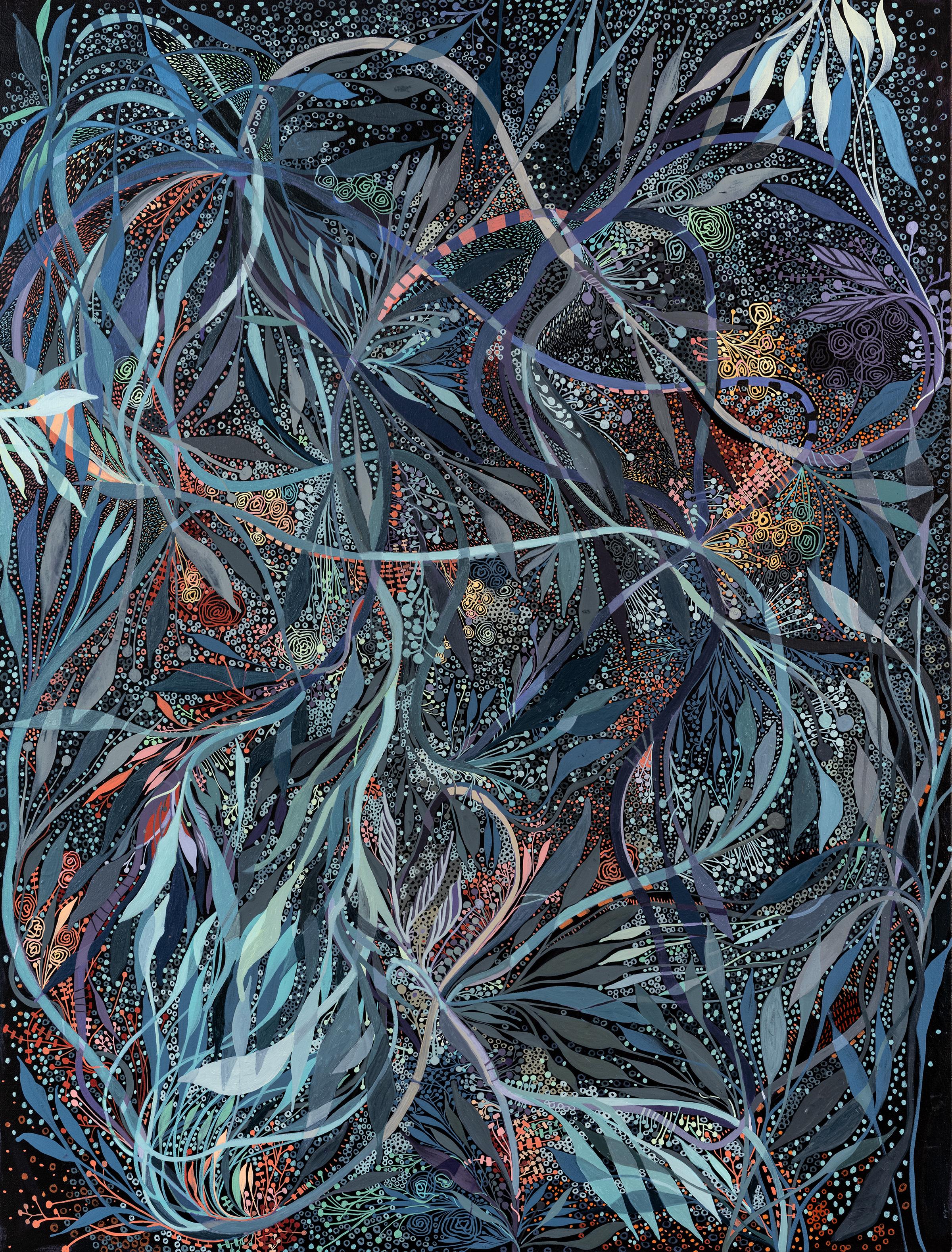 Festhalten an einer Erinnerung: Farbintensive organische abstrakte zeitgenössische Kunst, 40 x 30 in