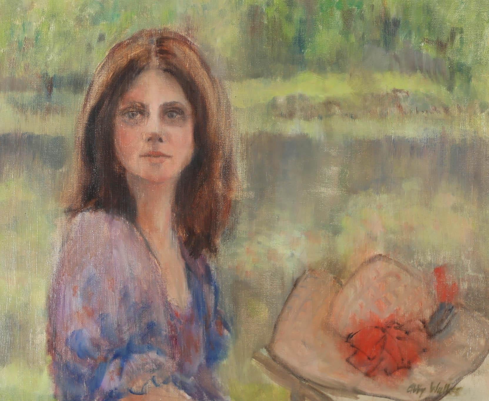 this oil study depicts a young woman sitting in a summer garden with her hat placed by her side. Signed to the lower right. Artist name and title inscribed to the reverse. On canvas.