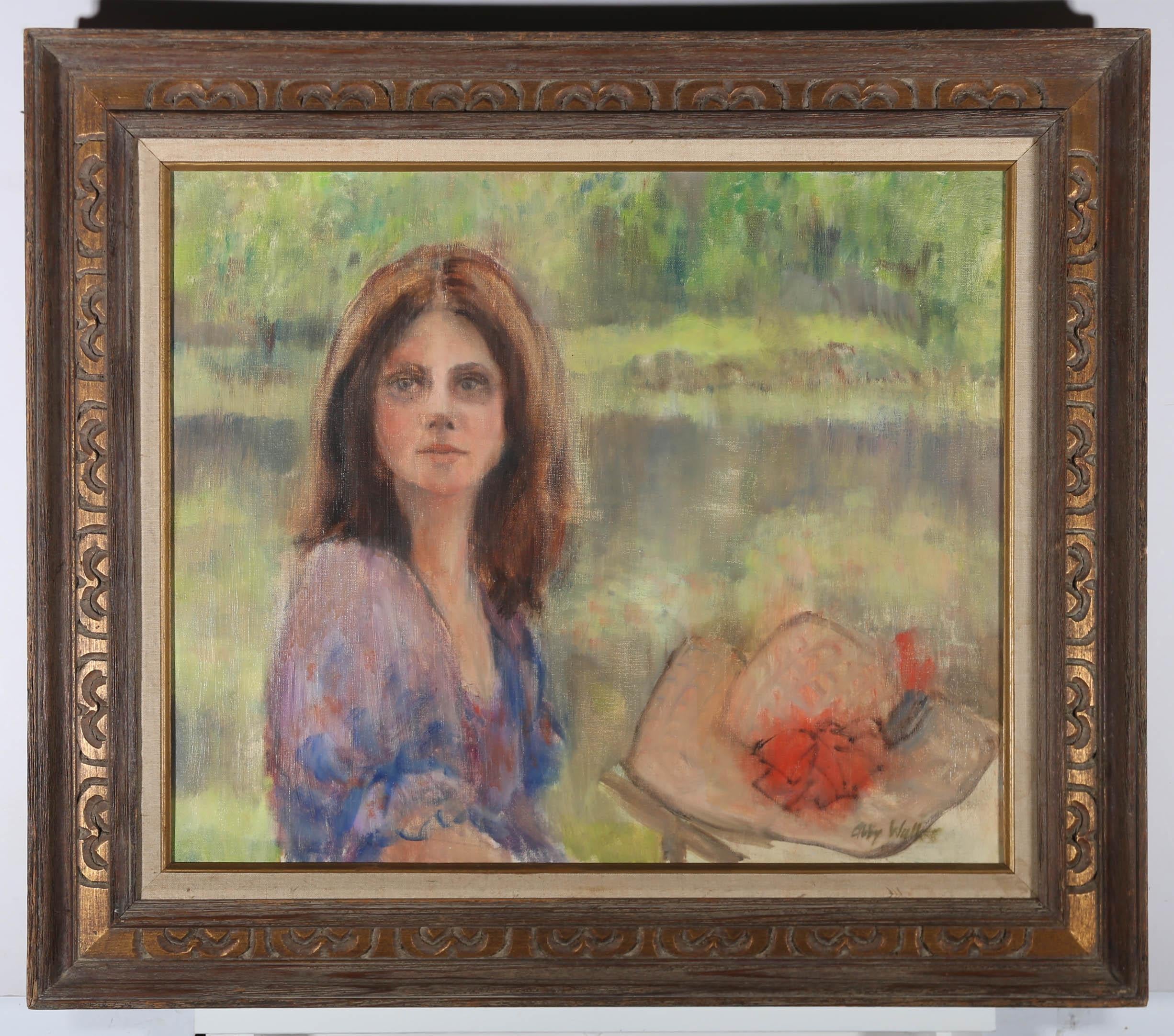 Abby Walker - 20th Century Oil, Young Girl with Hat For Sale 1
