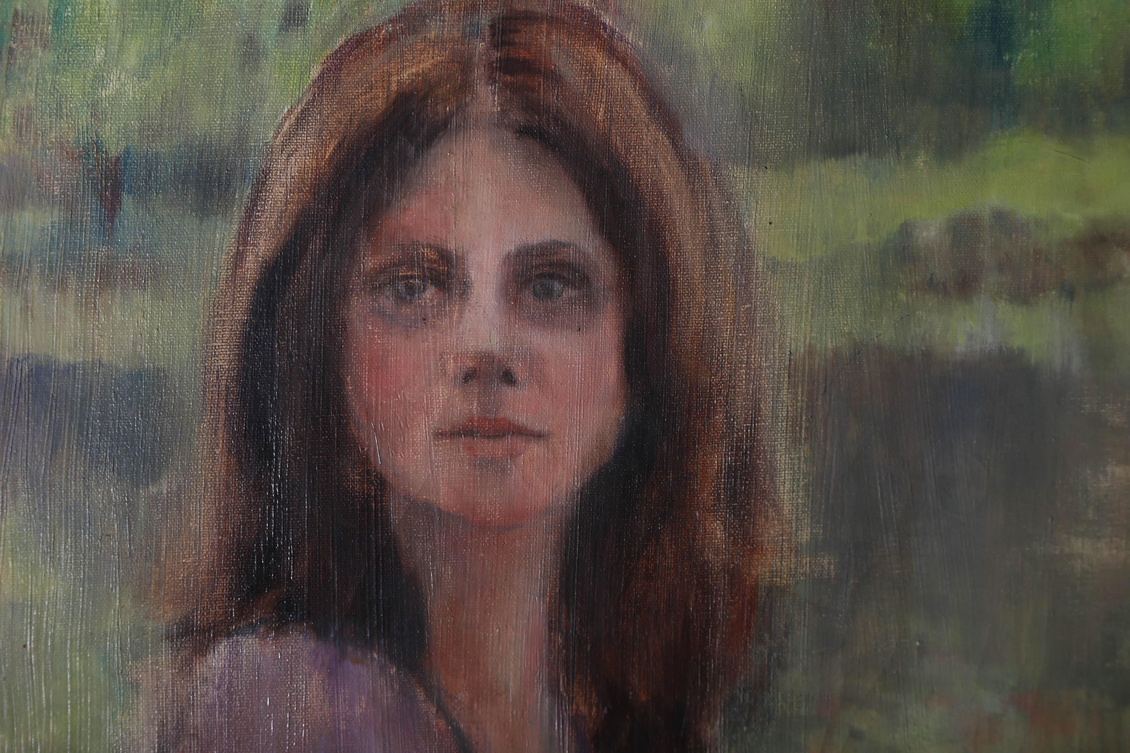 Abby Walker - 20th Century Oil, Young Girl with Hat For Sale 3
