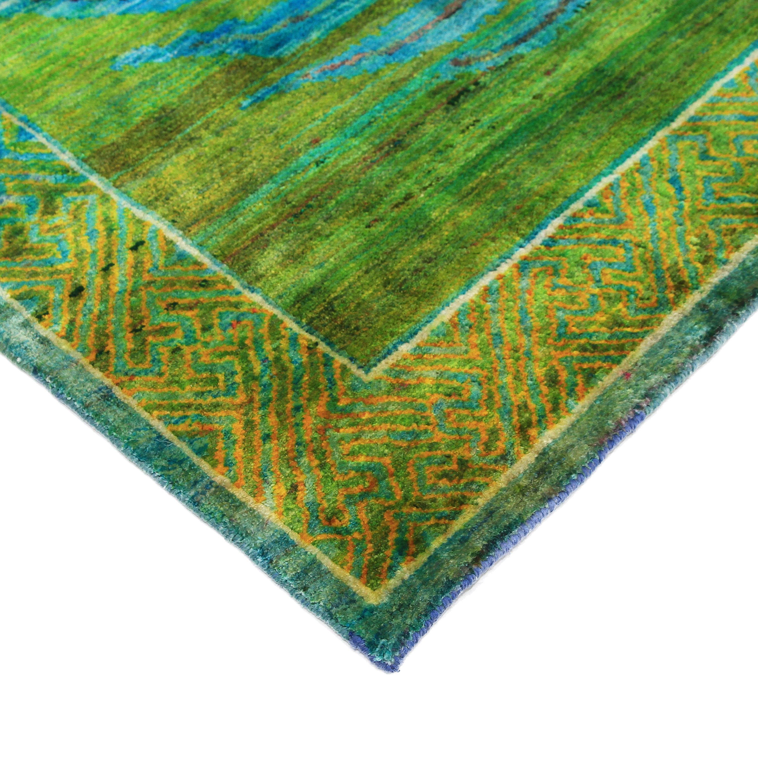 Noué à la main Tapis transitionnel vert et bleu Alchemy - 4'8