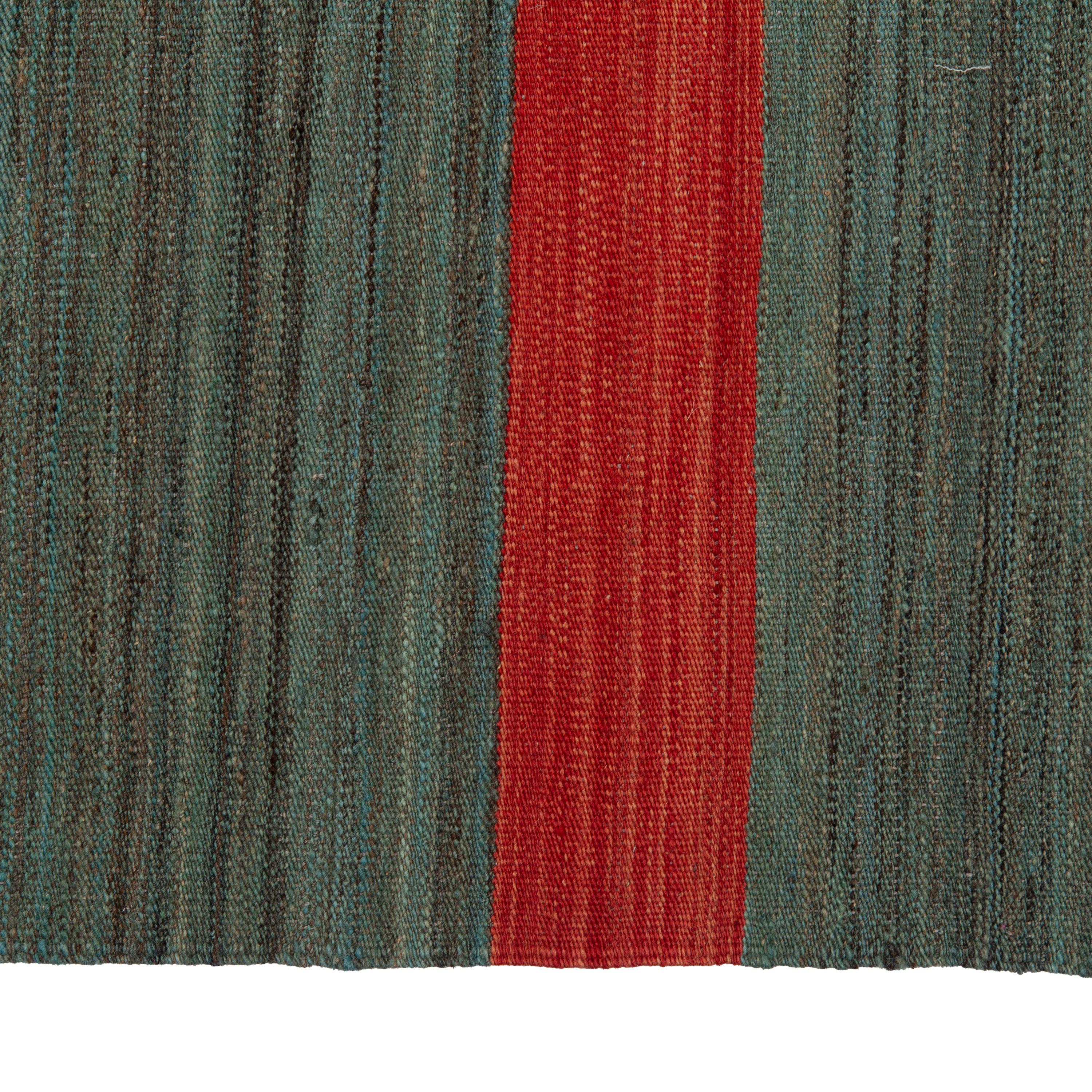 Lleva el diseño moderno a tu hogar con el Kilim Moderno Verde y Rojo - 10'4
