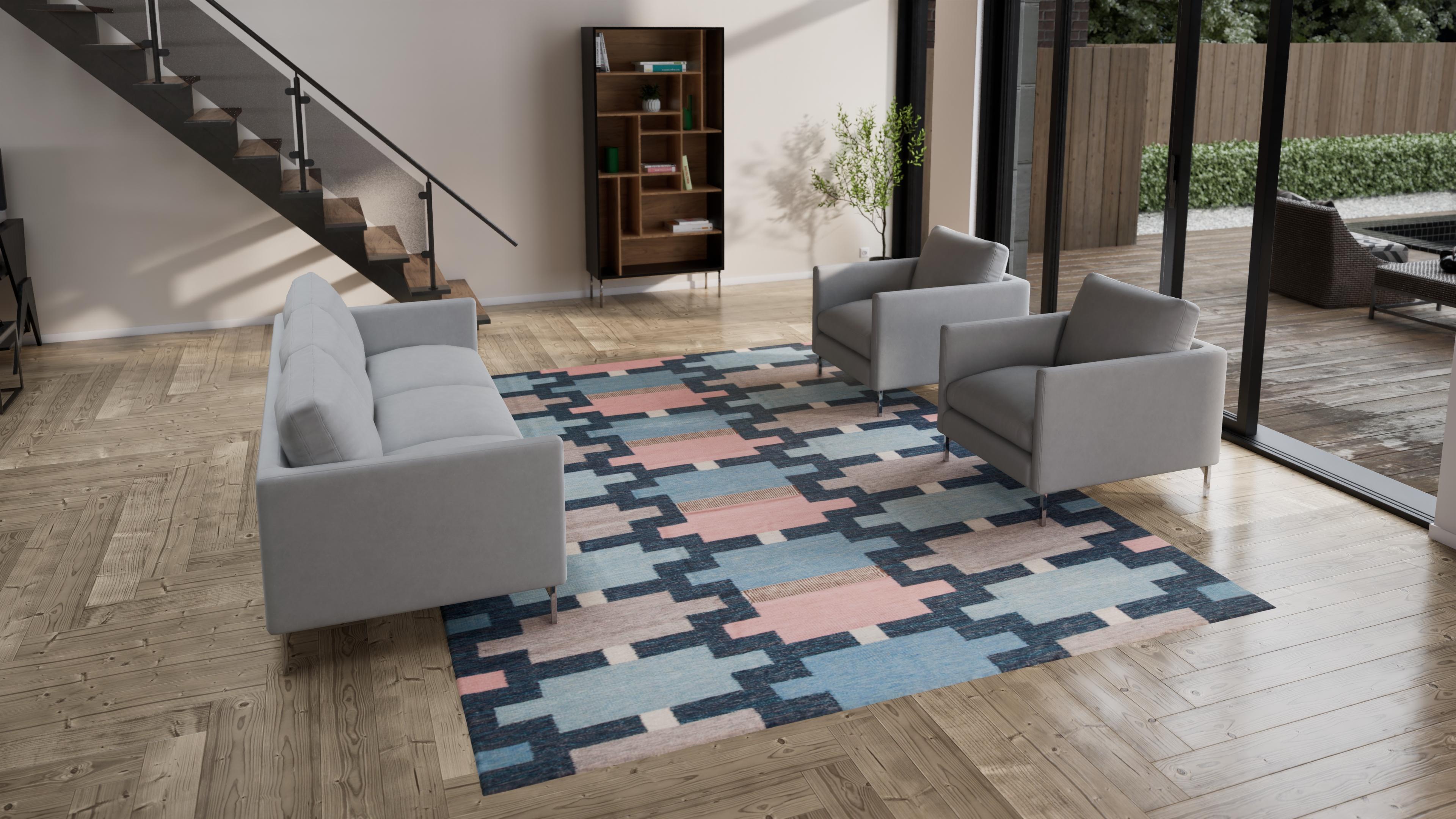 Tissé à la main Tapis d'inspiration suédoise rose et bleue - 9'3