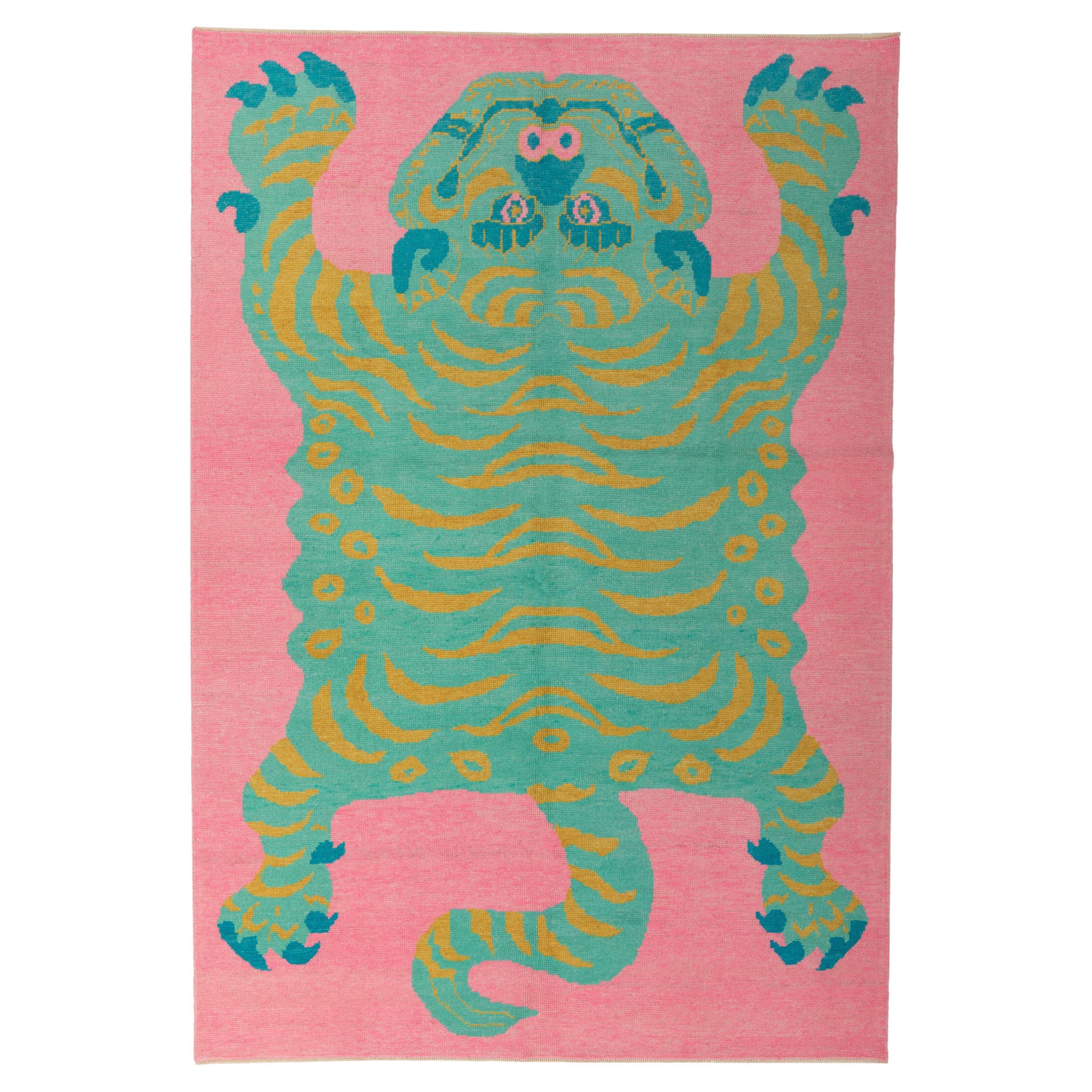 abc carpet Pink Contemporary Tiger Wool Rug - 6'11" x 10'