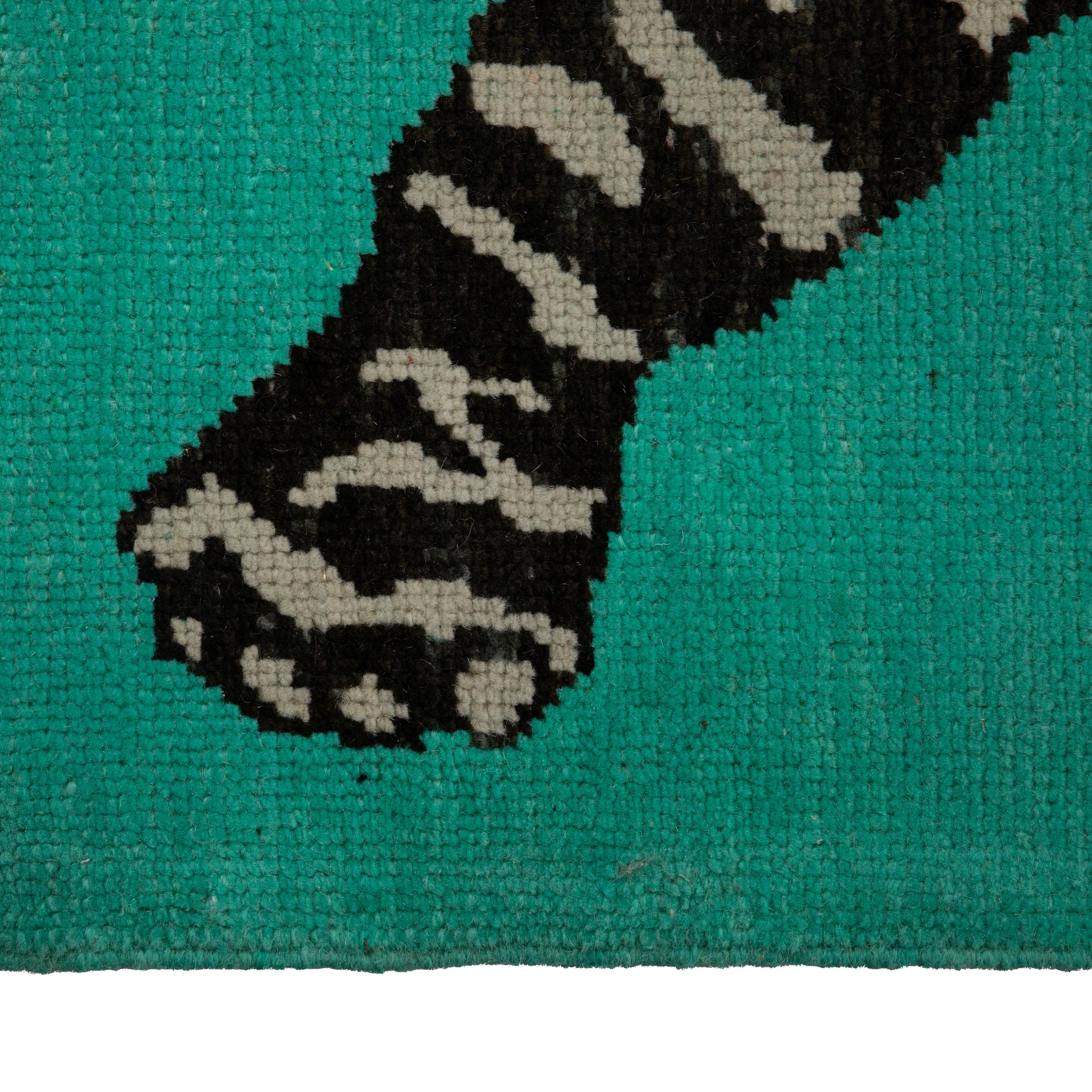 This Teal Tiger Modern Turkish Wool Rug - 5'5