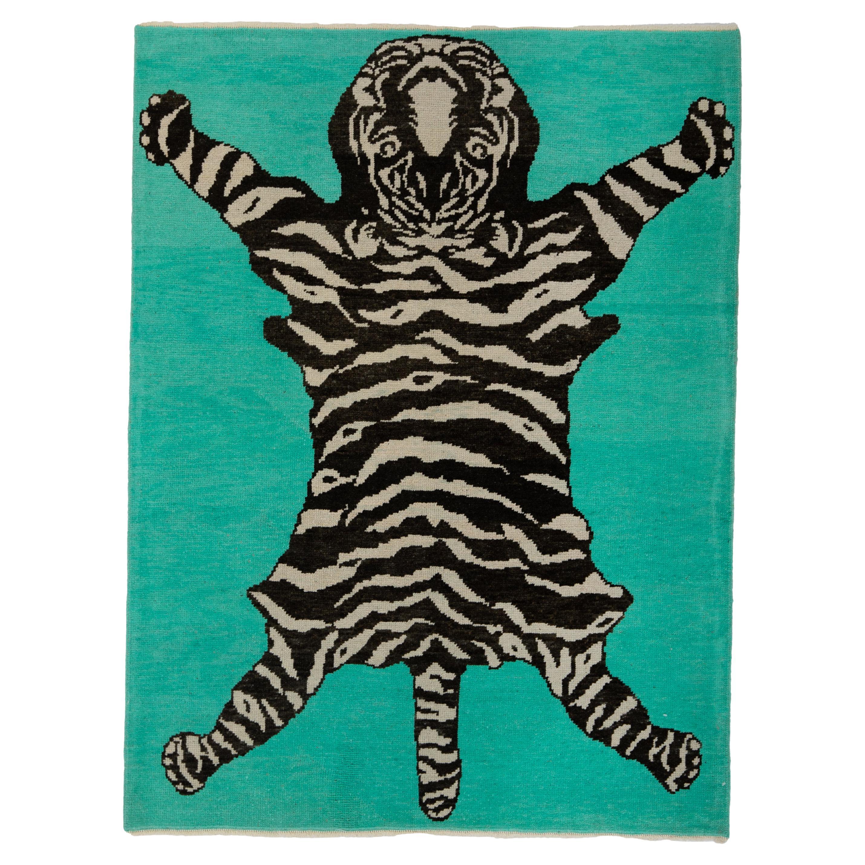 abc carpet Teal Tiger Modern Turkish Wool Rug - 5'5" x 7'2"