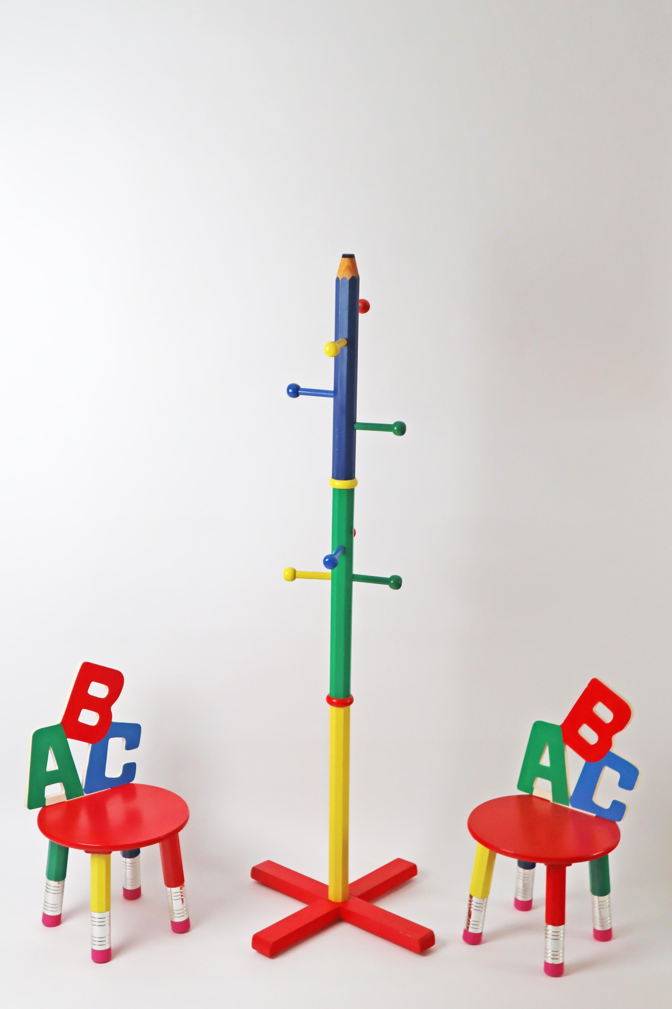 Post-Modern ABC Children's Chairs with Coat Rack Set in the form of Pencils, France 1980s For Sale