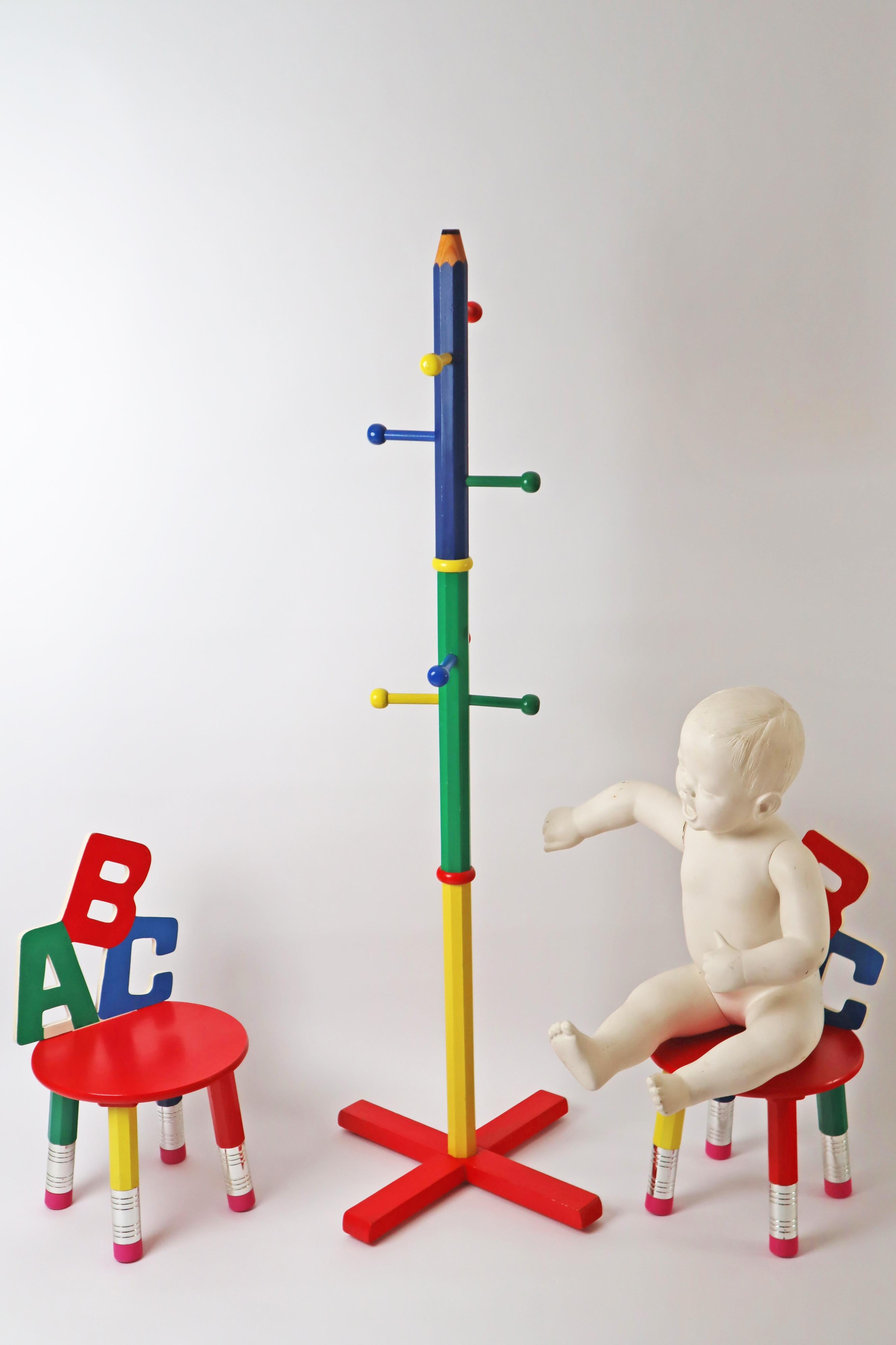 French ABC Children's Chairs with Coat Rack Set in the form of Pencils, France 1980s For Sale