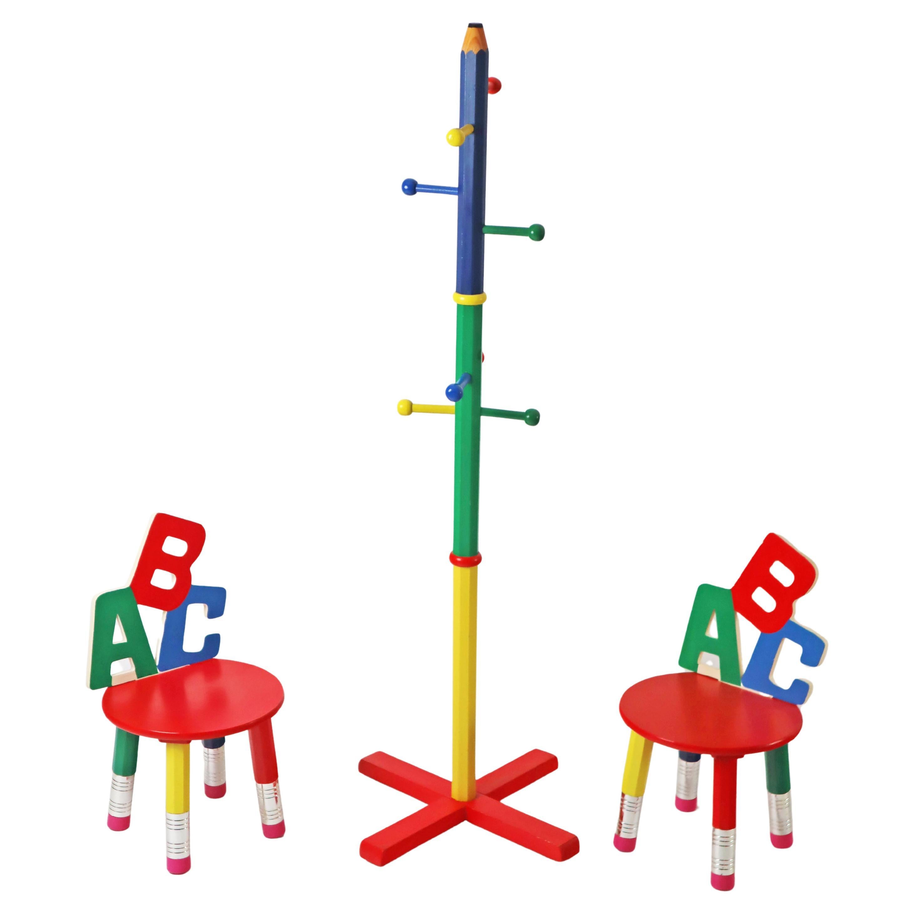 ABC Children's Chairs with Coat Rack Set in the form of Pencils, France 1980s