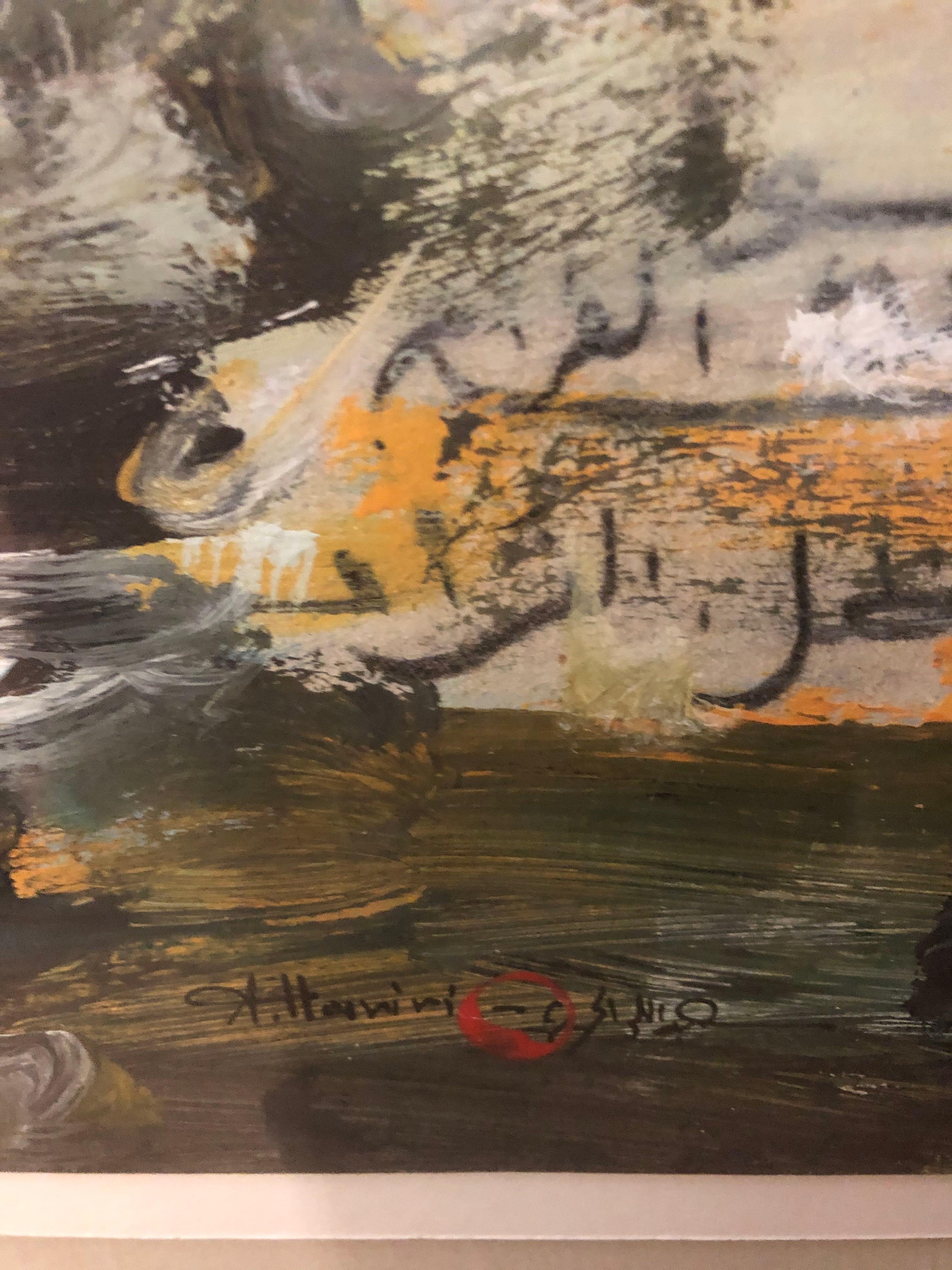 Erdtonfarbenes abstraktes Gemälde / arabische Kalligraphie auf Papier von Abdallah El Hariri. 
Signiert unten rechts. Wird gerahmt angeboten.

Abdallah El Hariri ist ein marokkanischer Nachkriegs- und zeitgenössischer Künstler. Er war einer der