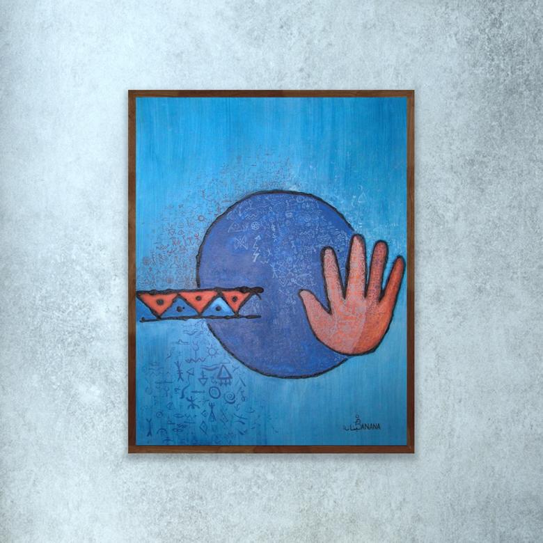 Abstraktes blaues figuratives Ölgemälde mit Handsymbol, abstrakt (Blau), Figurative Painting, von Abderrahman Banana