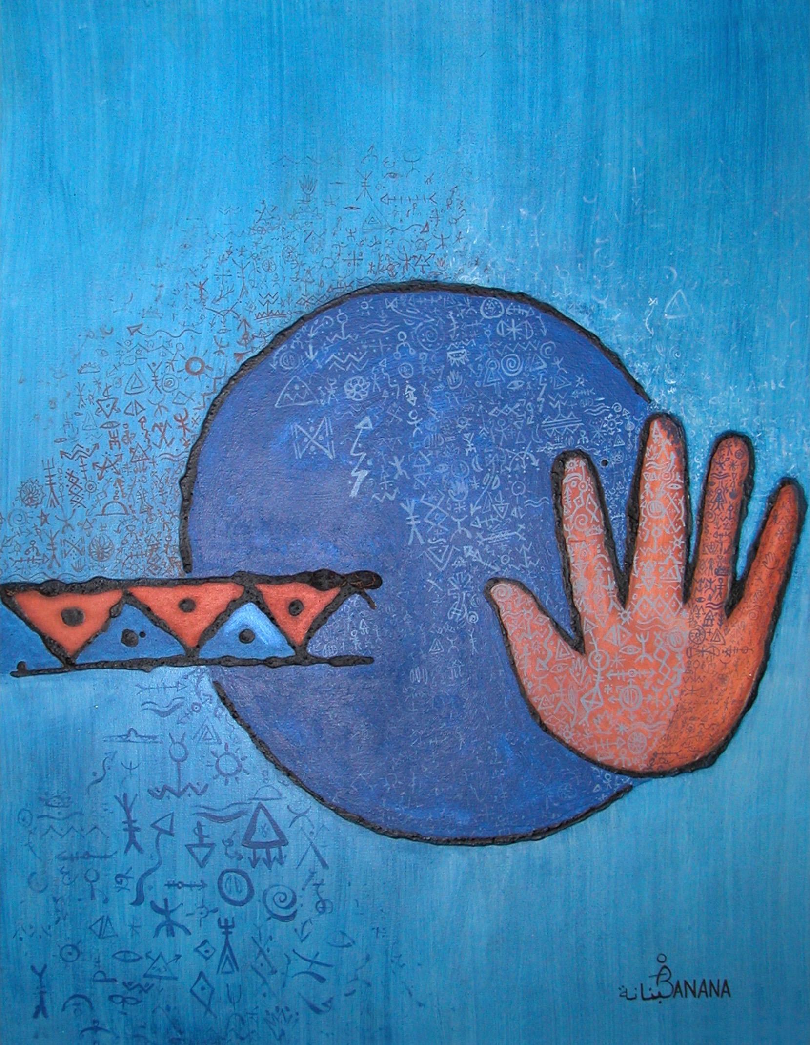 Abderrahman Banana Figurative Painting – Abstraktes blaues figuratives Ölgemälde mit Handsymbol, abstrakt