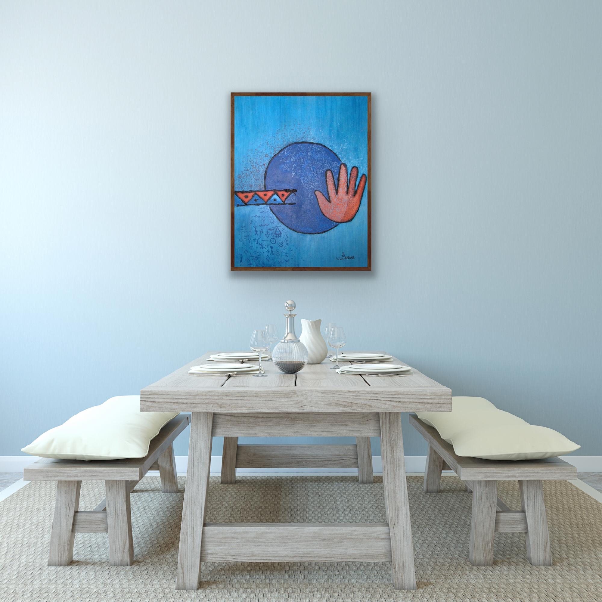Abstract blue painting with hand symbol For Sale 1