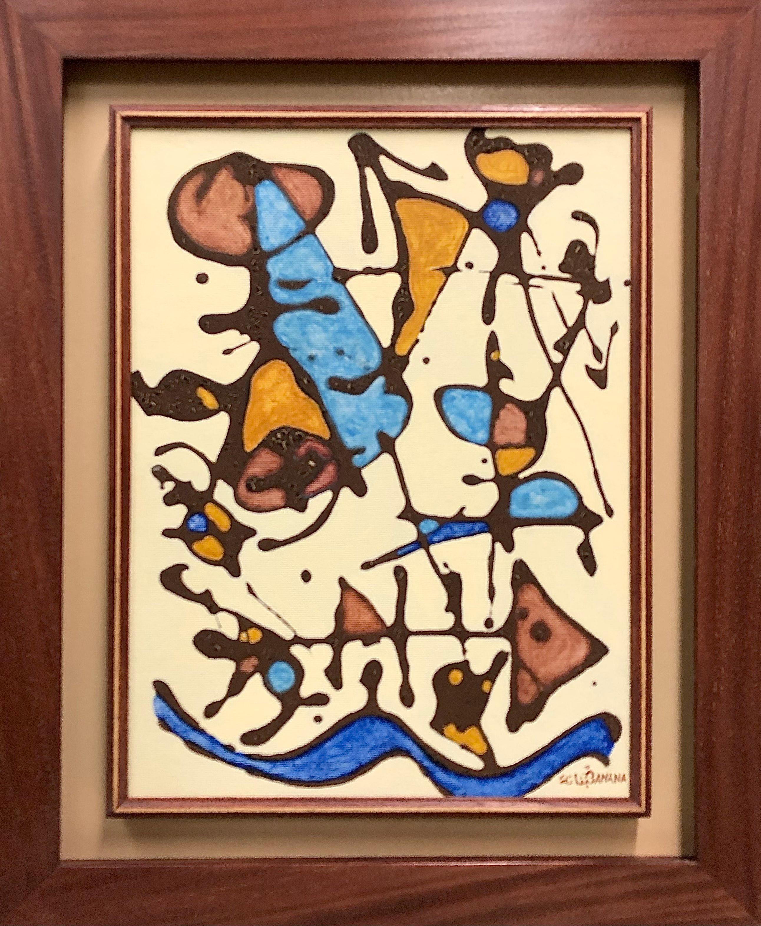 Colorful contemporary Abstract Painting by Moroccan artist Abderrahman Banana. Mixed media on canvas. Offered framed.

Size: 25 x 20.5 inches (framed)
Signed front, lower right.

Abderraman Banana's painted symbols oscillate between figuration and