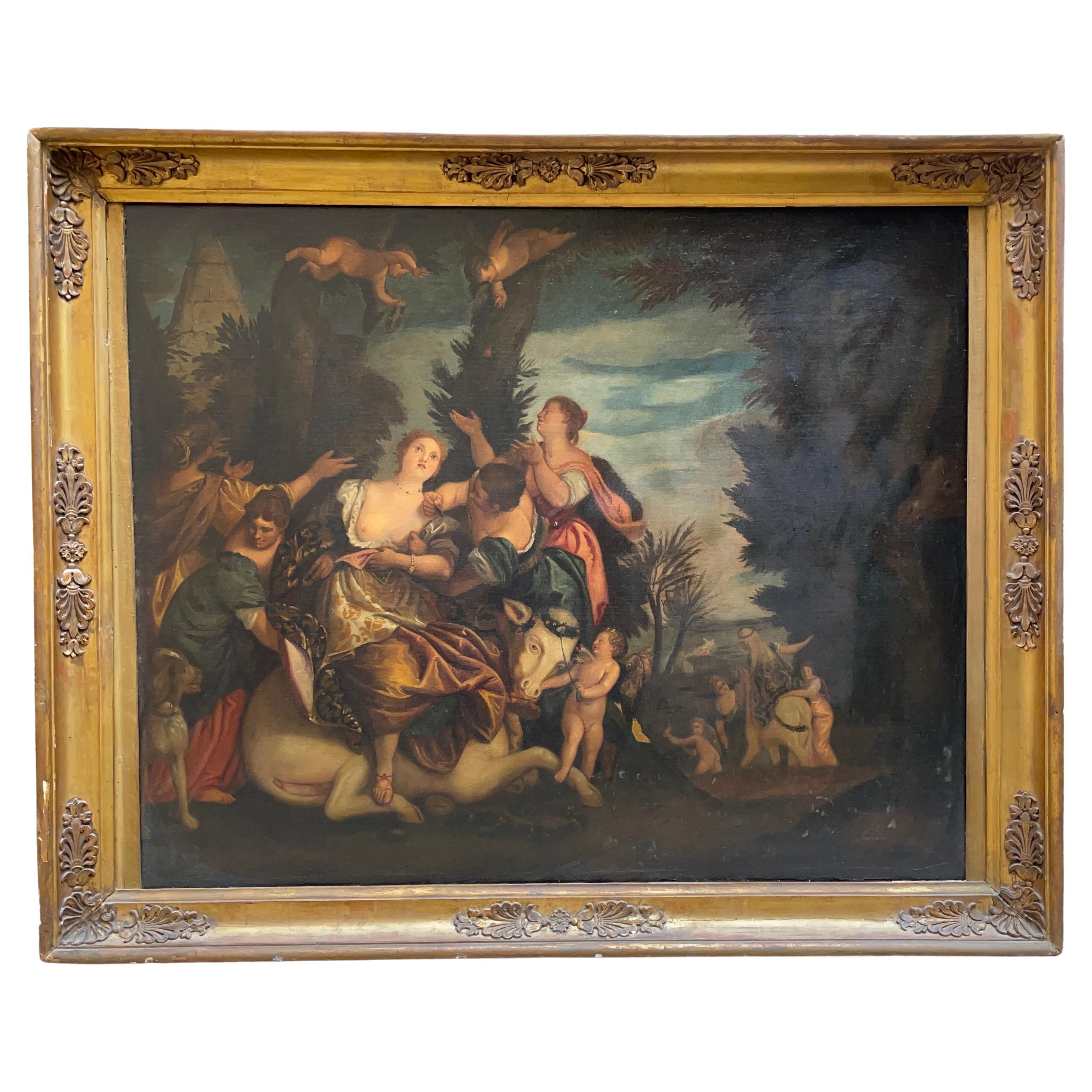 Grand tableau mythologique italien du XIXe siècle Enlèvement d'Europa 