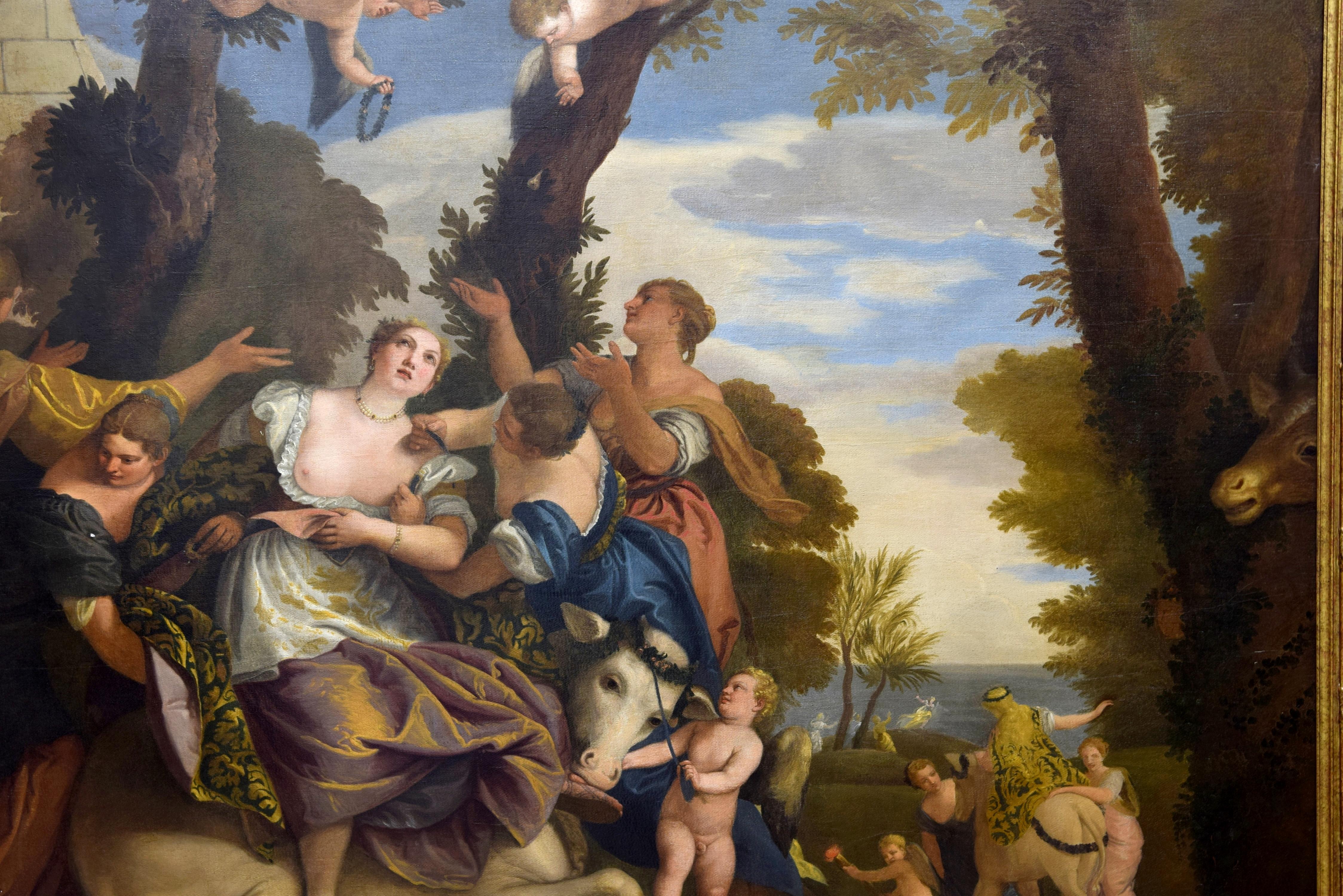 Rapture of Europe Oil on canvas. 17th century, following the model of VERONESE, Paolo Caliari (Verona, 1528-Venice, 1588).
 Oil on canvas showing a scene from classical mythology set in a natural landscape with leafy trees and a pyramid-shaped
