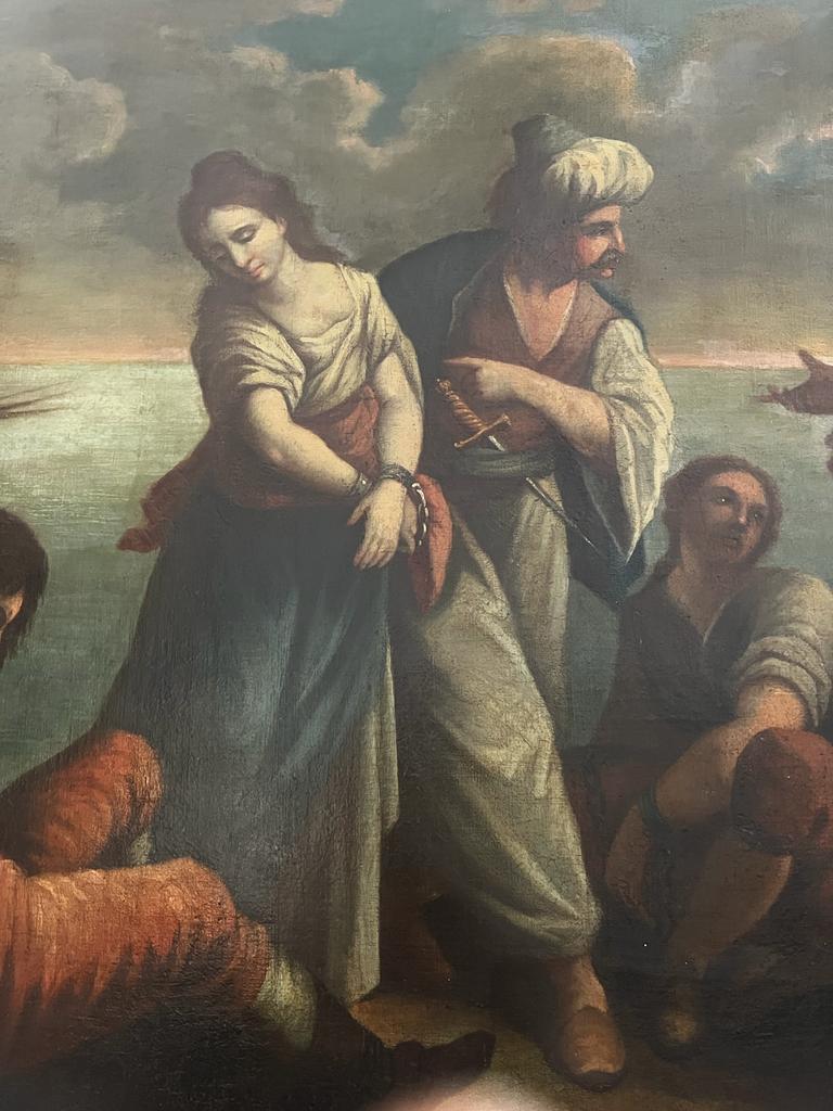 This an absolutely magnificent unique 17th century painting illustrates pirates in the time of Barbary Slave Trade (European slaves were acquired by Barbary pirates in slave raids on ships and by raids on coastal towns to the Netherlands, Ireland