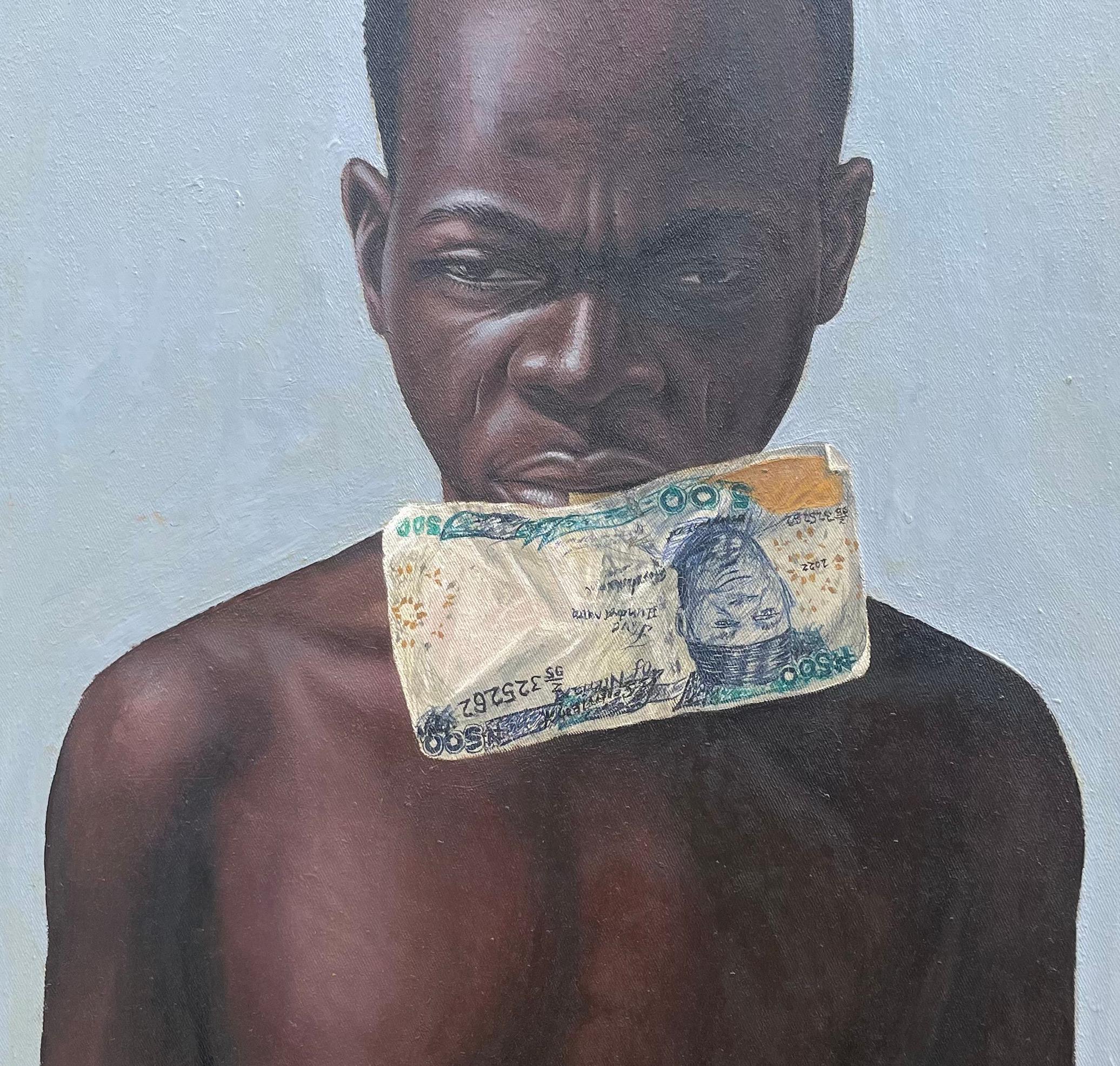 Lost of Value - 21st Century, Figurative Portrait, African Currency, Modern - Blue Nude Painting by Abdulateef Salaudeen