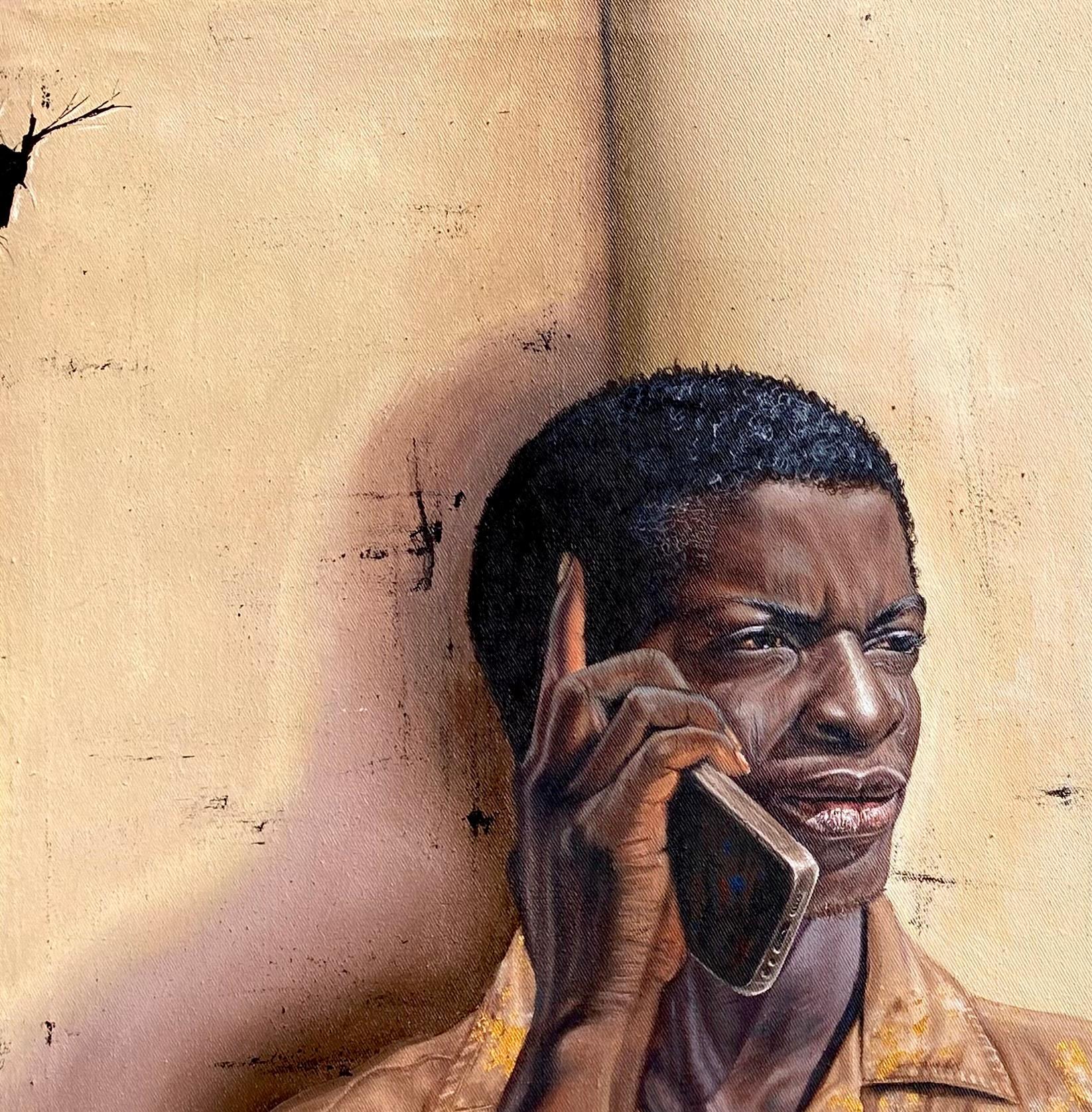 Phone Conversation - 21st Century Contemporary, Expressionist, Men, Earth Tone - Painting by Abdulateef Salaudeen