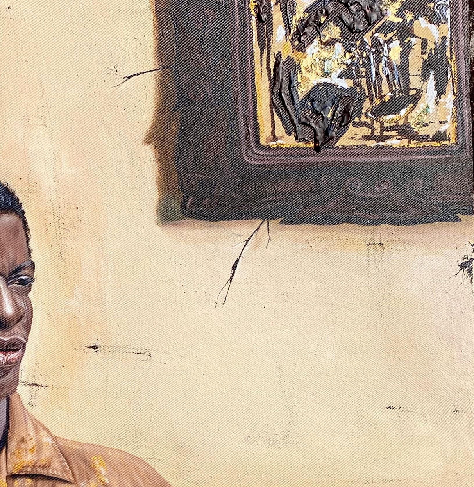 Phone Conversation - 21st Century Contemporary, Expressionist, Men, Earth Tone - Beige Nude Painting by Abdulateef Salaudeen