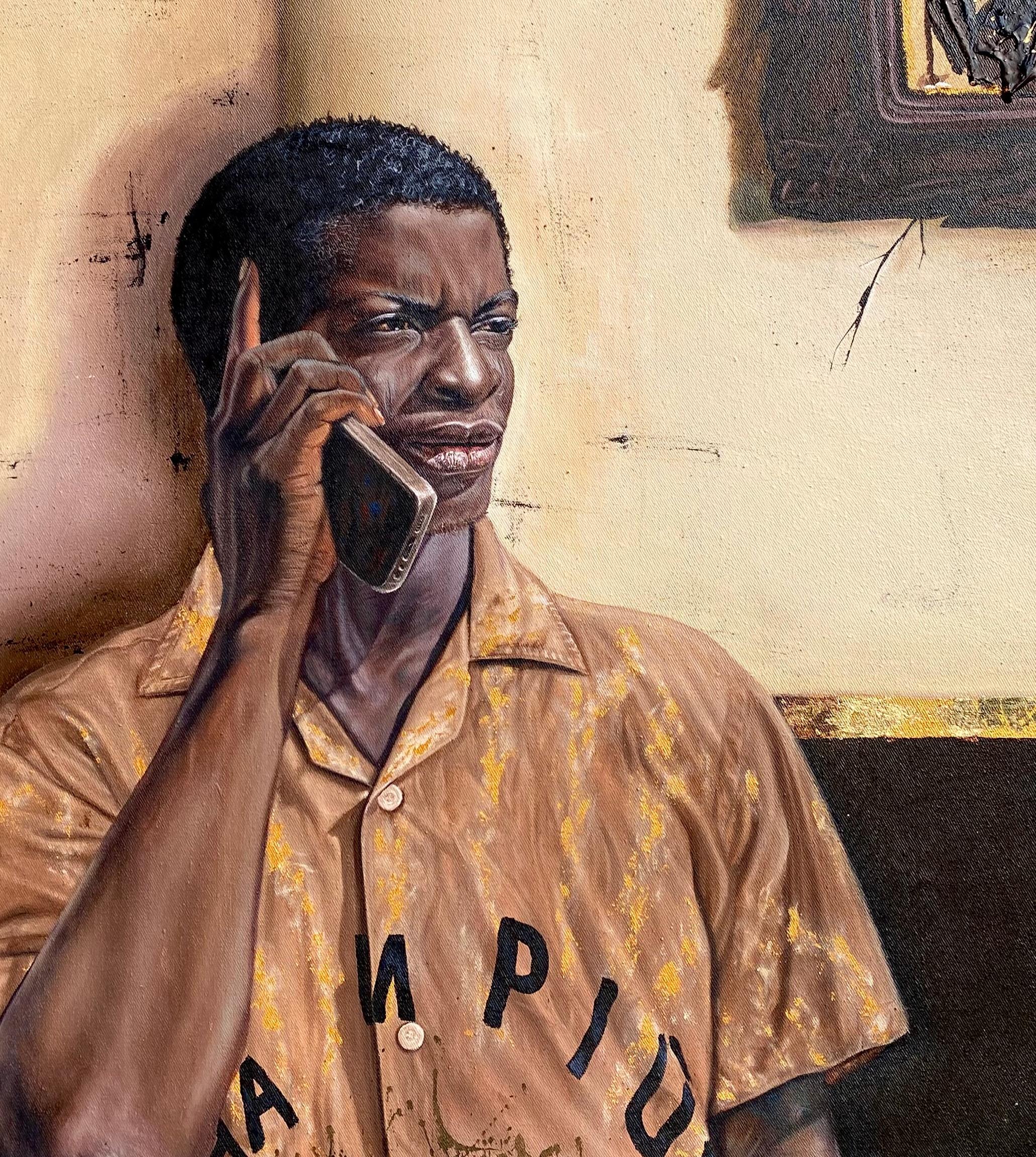 Phone Conversation - 21st Century Contemporary, Expressionist, Men, Earth Tone For Sale 2