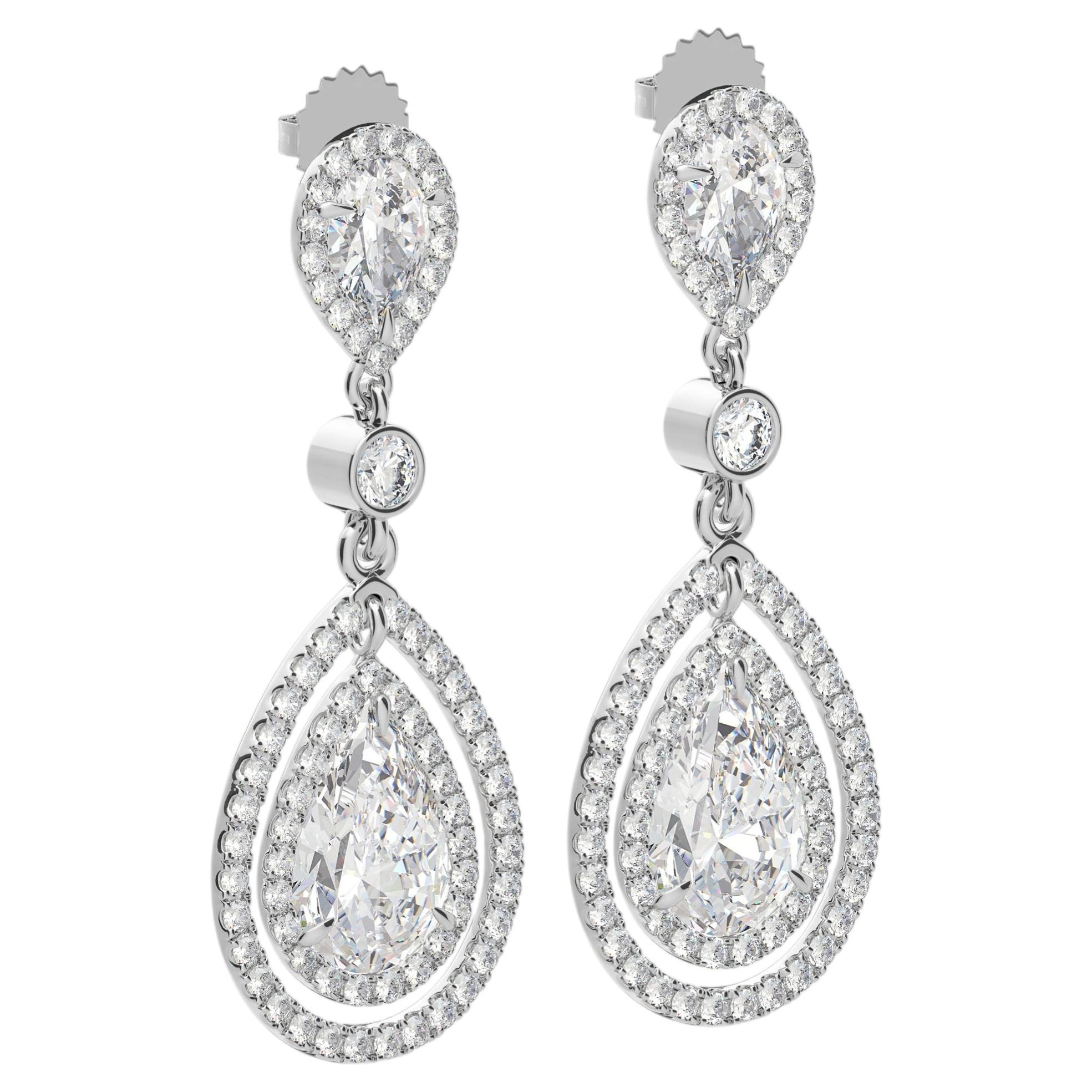 3.50 Carat TW Pear Shape Double Drop Halo Dangle Earrings in 18K White, Abe Mor en vente