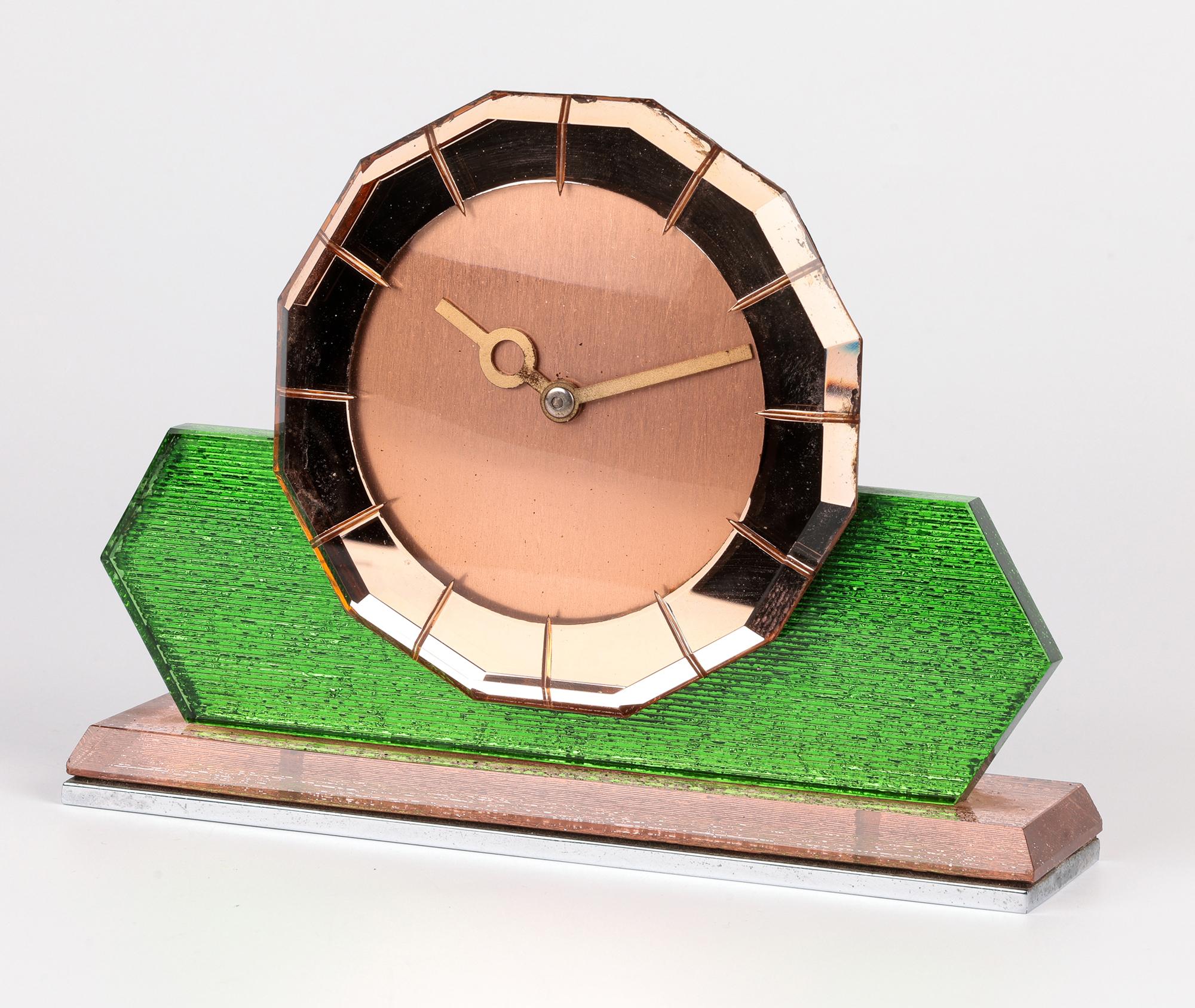 ABEC Art Deco Pink Tinted Mirrored Dodecagon Dial Mantle Clock 3