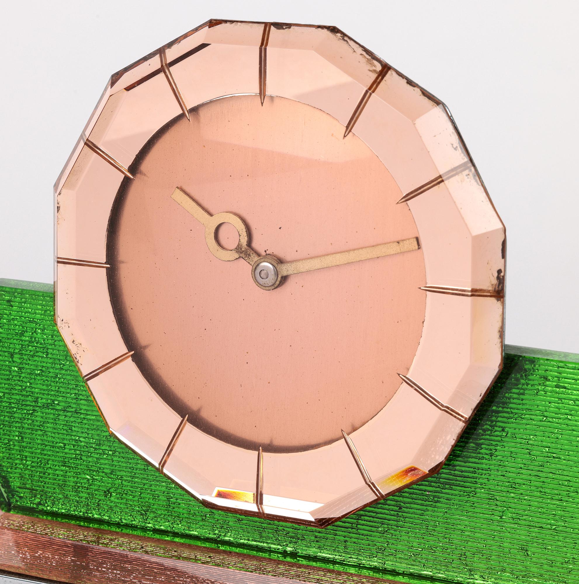 ABEC Art Deco Pink Tinted Mirrored Dodecagon Dial Mantle Clock 5