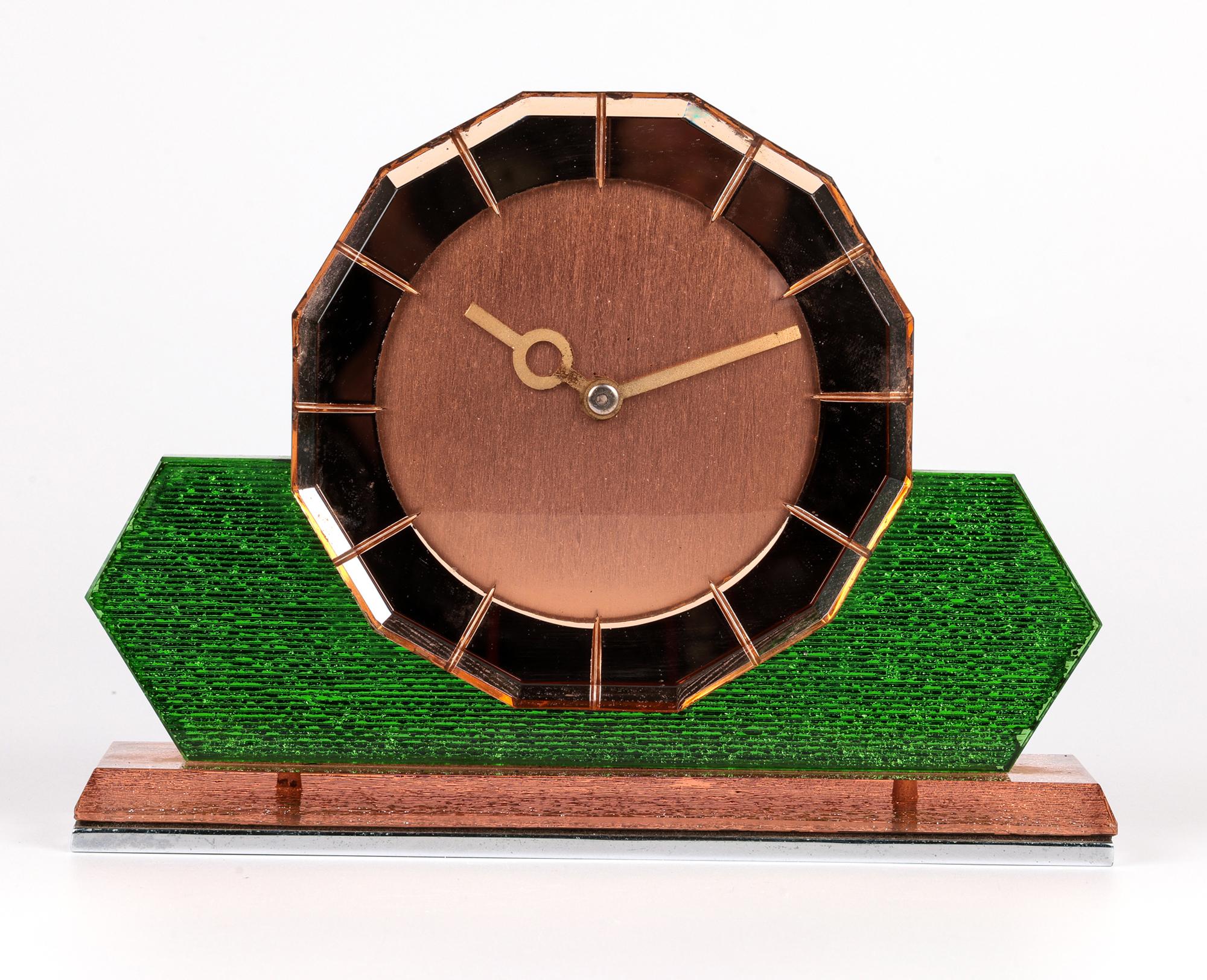 ABEC Art Deco Pink Tinted Mirrored Dodecagon Dial Mantle Clock 8