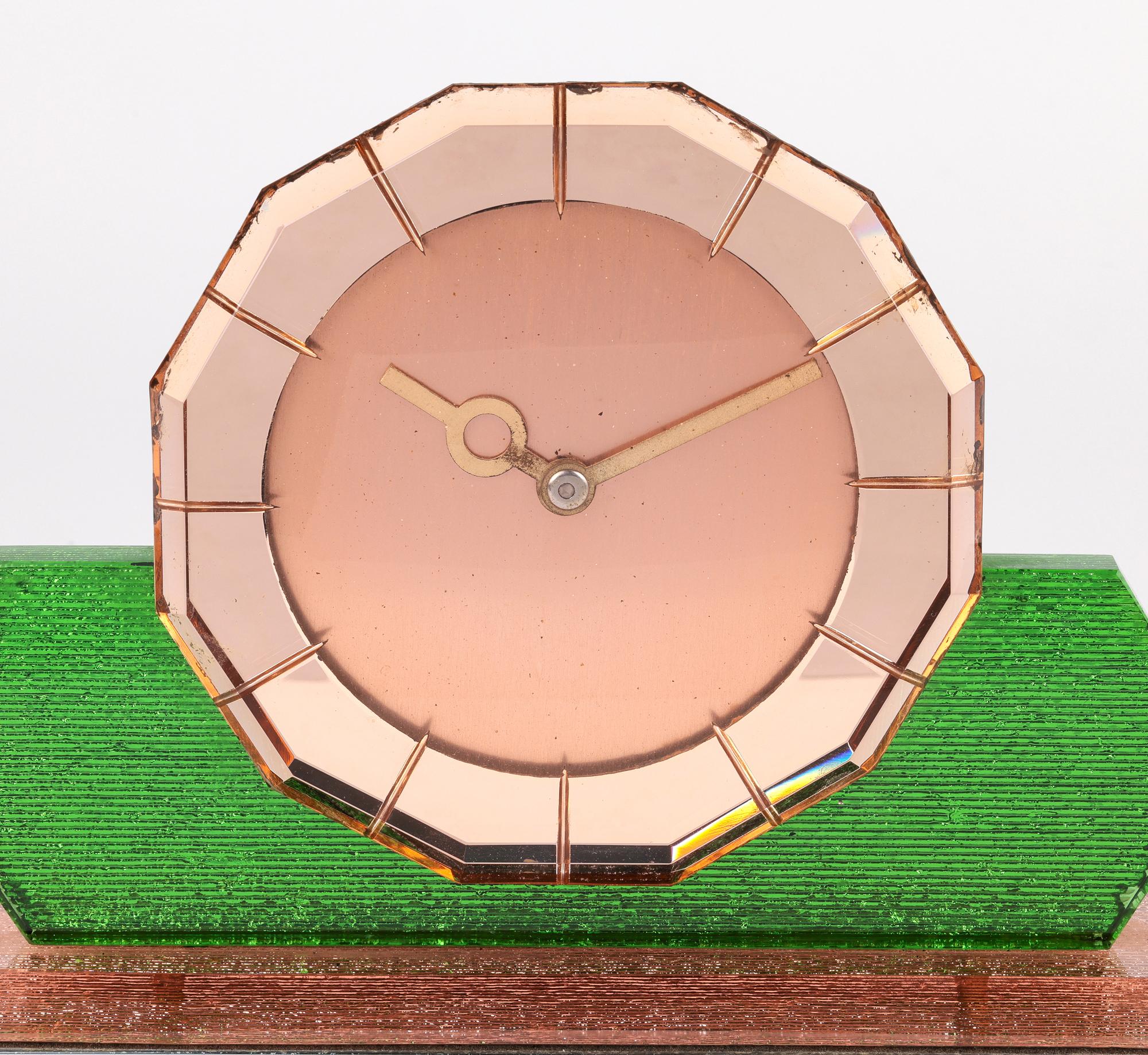 ABEC Art Deco Pink Tinted Mirrored Dodecagon Dial Mantle Clock 12