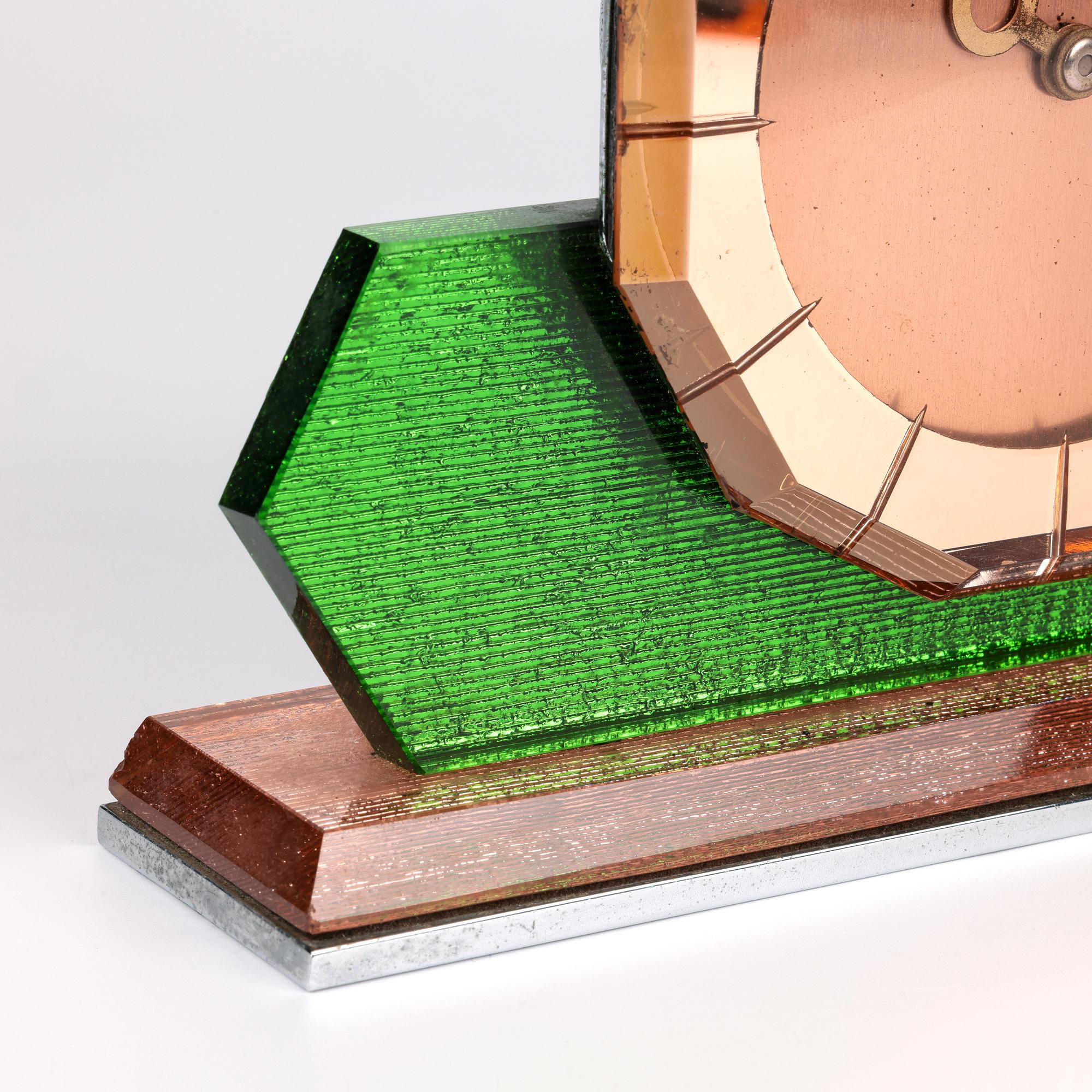 Hand-Crafted ABEC Art Deco Pink Tinted Mirrored Dodecagon Dial Mantle Clock
