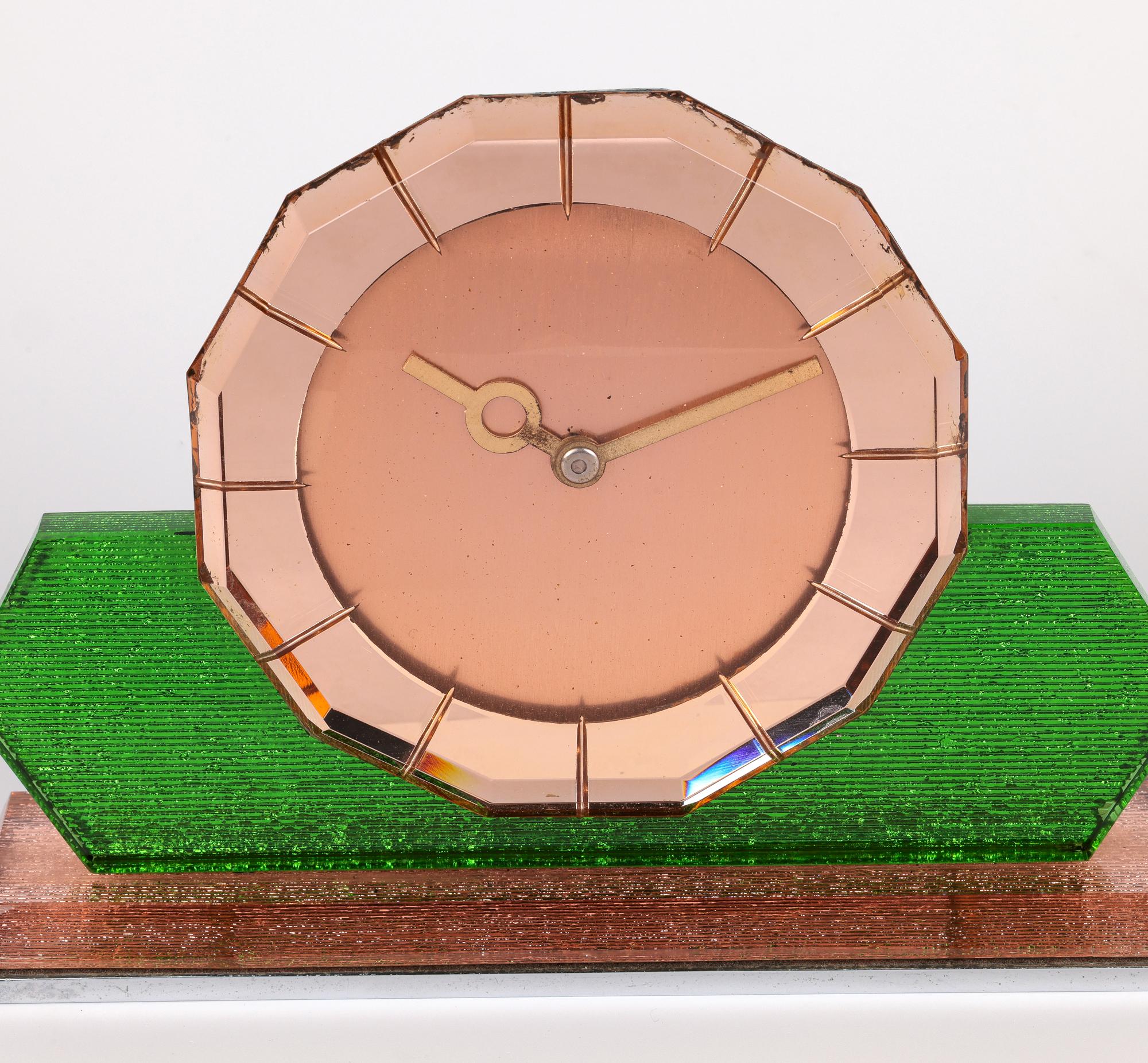 ABEC Art Deco Pink Tinted Mirrored Dodecagon Dial Mantle Clock In Good Condition In Bishop's Stortford, Hertfordshire